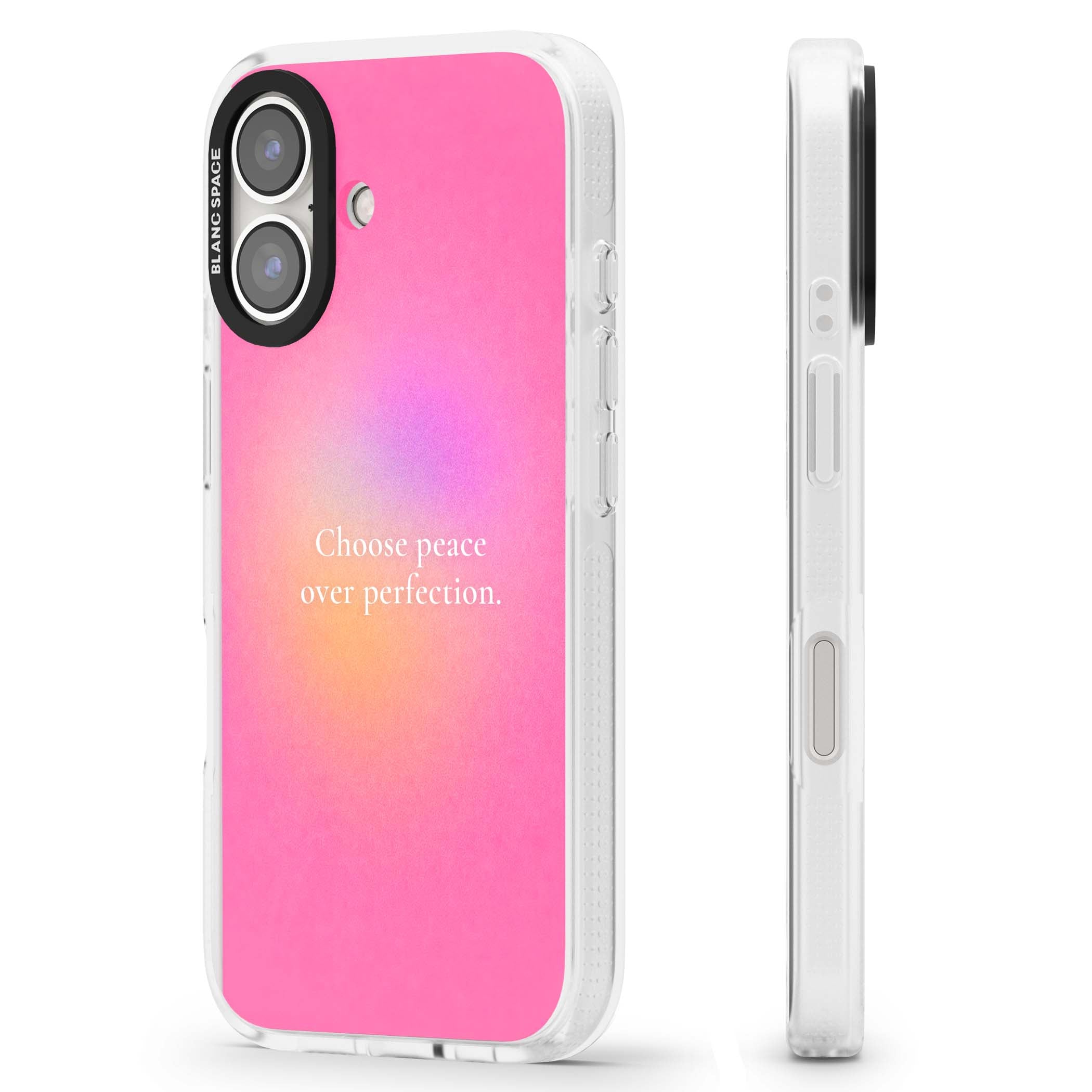 Peace Over Perfection quote iPhone case featuring a dreamy pink aura gradient and delicate white affirmation text | Clear Case Impact Air case for iPhone 16, iPhone 16 Plus