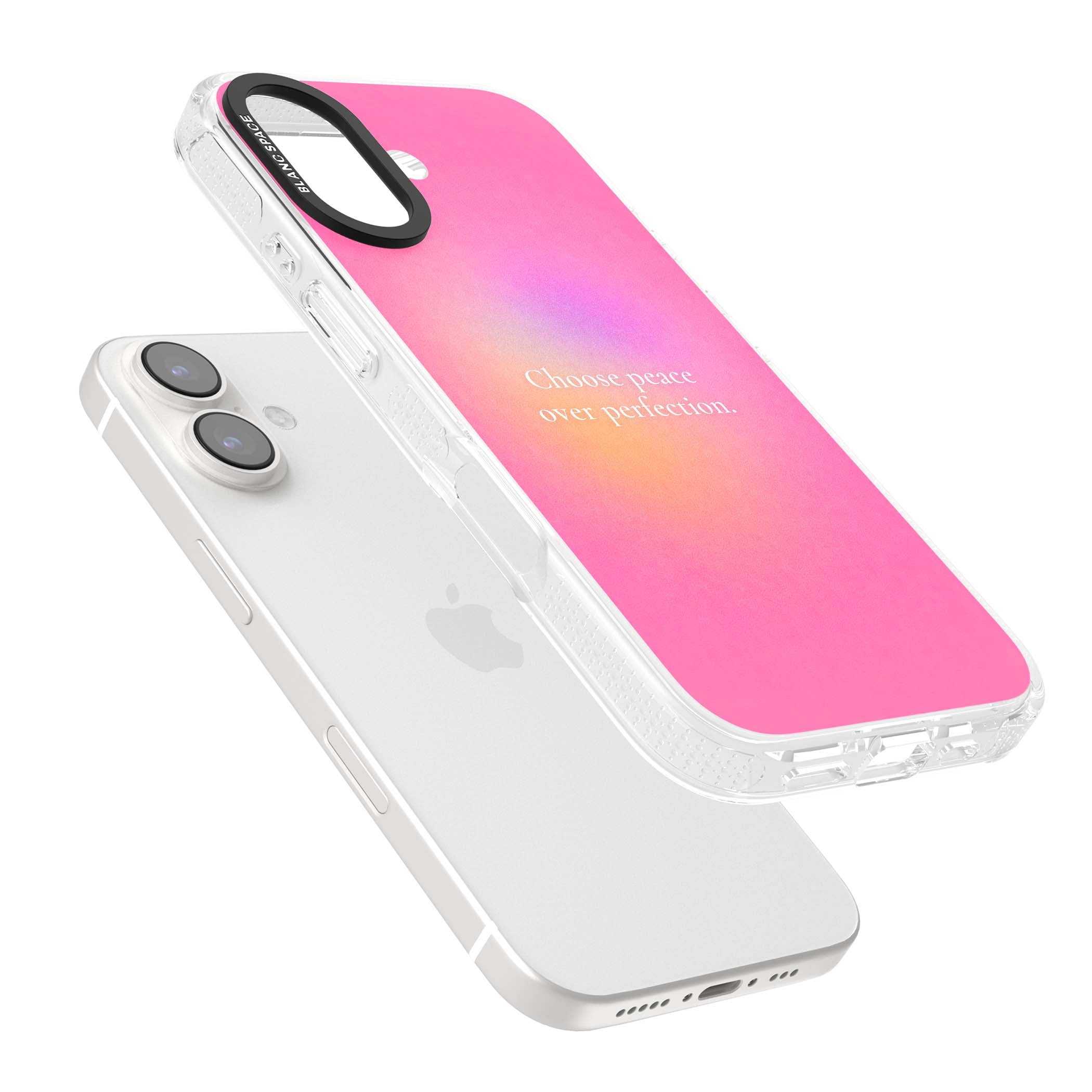 Peace Over Perfection quote iPhone case featuring a dreamy pink aura gradient and delicate white affirmation text | Clear Case Impact Air case for iPhone 16, iPhone 16 Plus