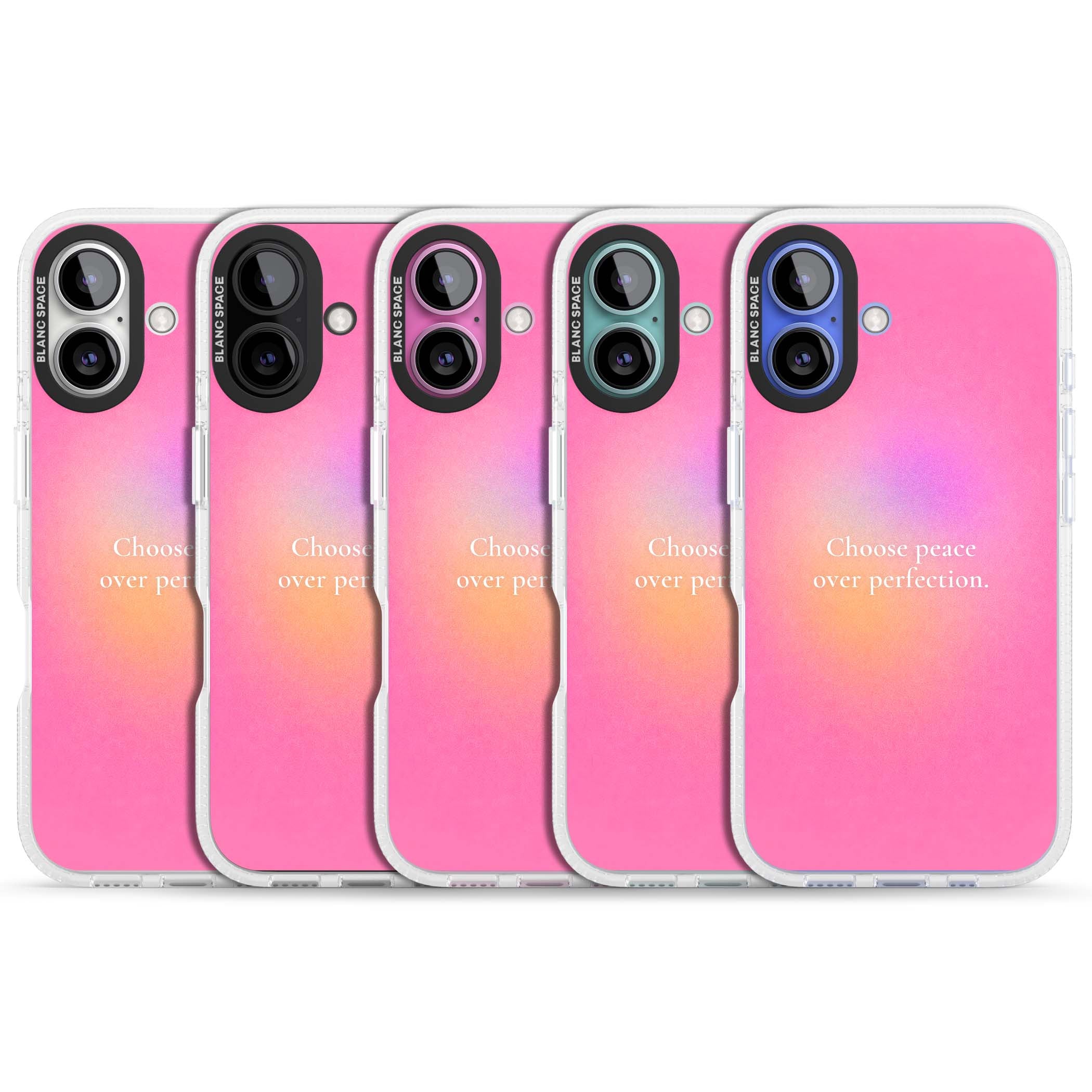 Peace Over Perfection quote iPhone case featuring a dreamy pink aura gradient and delicate white affirmation text | Clear Case Impact Air case for iPhone 16, iPhone 16 Plus