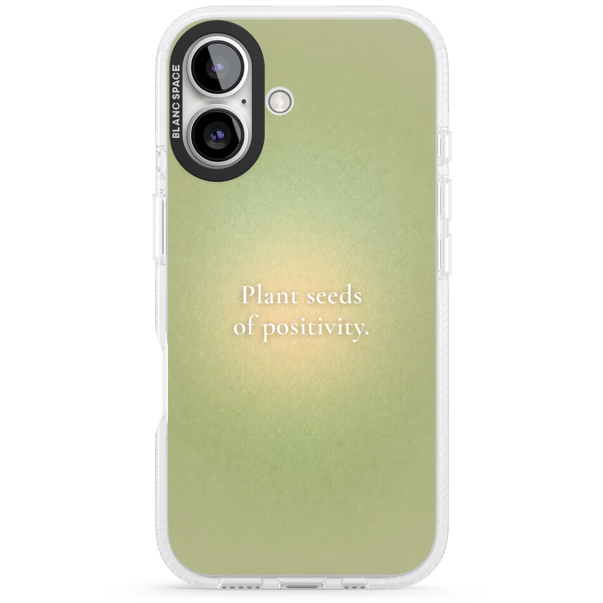 Seeds of Positivity quote iPhone case featuring a sage green aura gradient and golden glow affirmation | Clear Case Impact Air case for iPhone 16, iPhone 16 Plus