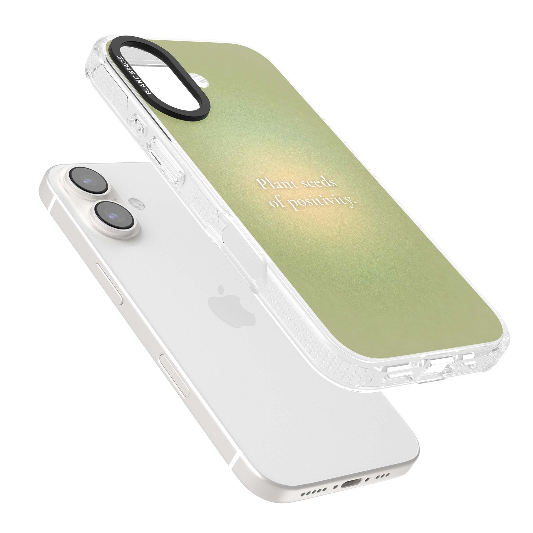 Seeds of Positivity quote iPhone case featuring a sage green aura gradient and golden glow affirmation | Clear Case Impact Air case for iPhone 16, iPhone 16 Plus