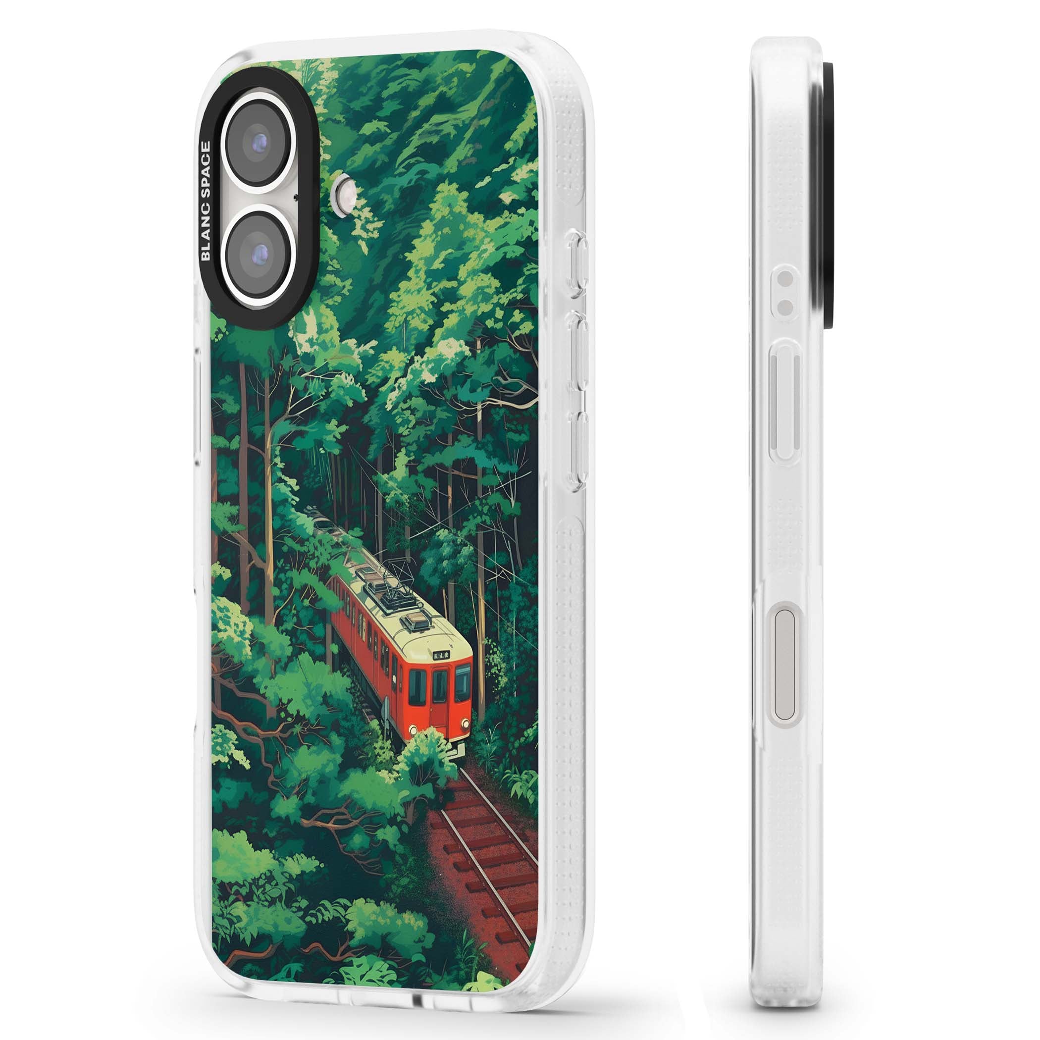 Railway In Toyama Japanese iPhone case featuring a red train, cedar forest and winding mountain railway tracks | Clear Case Impact Air case for iPhone 16, iPhone 16 Plus