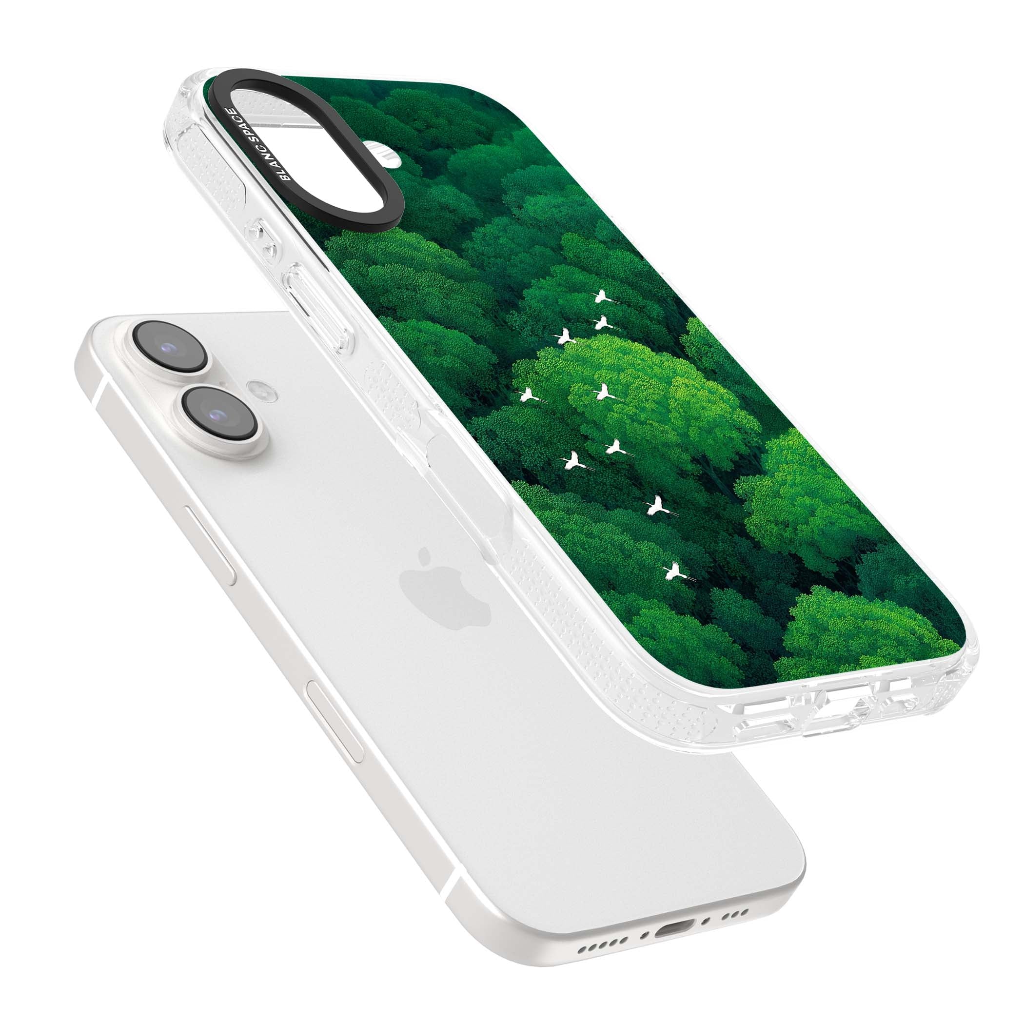 Grove Migration forest iPhone case featuring white cranes flying over lush green treetop canopy | Clear Case Impact Air case for iPhone 16, iPhone 16 Plus