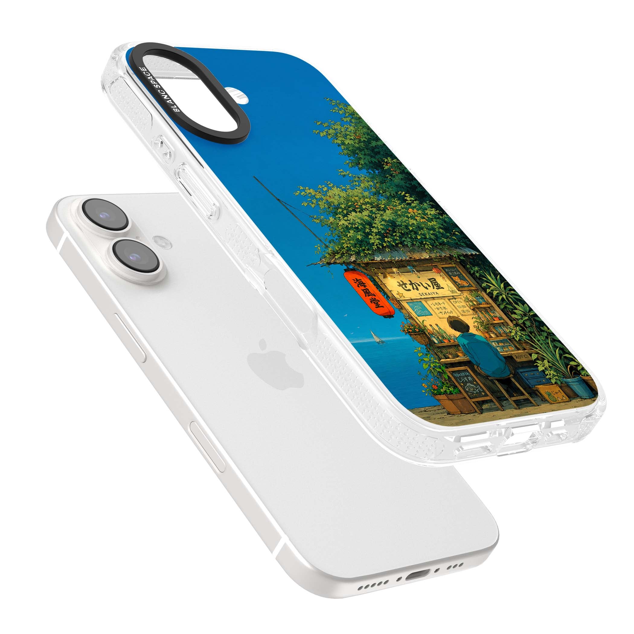 The Shirahama Kiosk anime iPhone case featuring a Japanese seaside shop, red paper lantern and ocean view | Clear Case Impact Air case for iPhone 16, iPhone 16 Plus