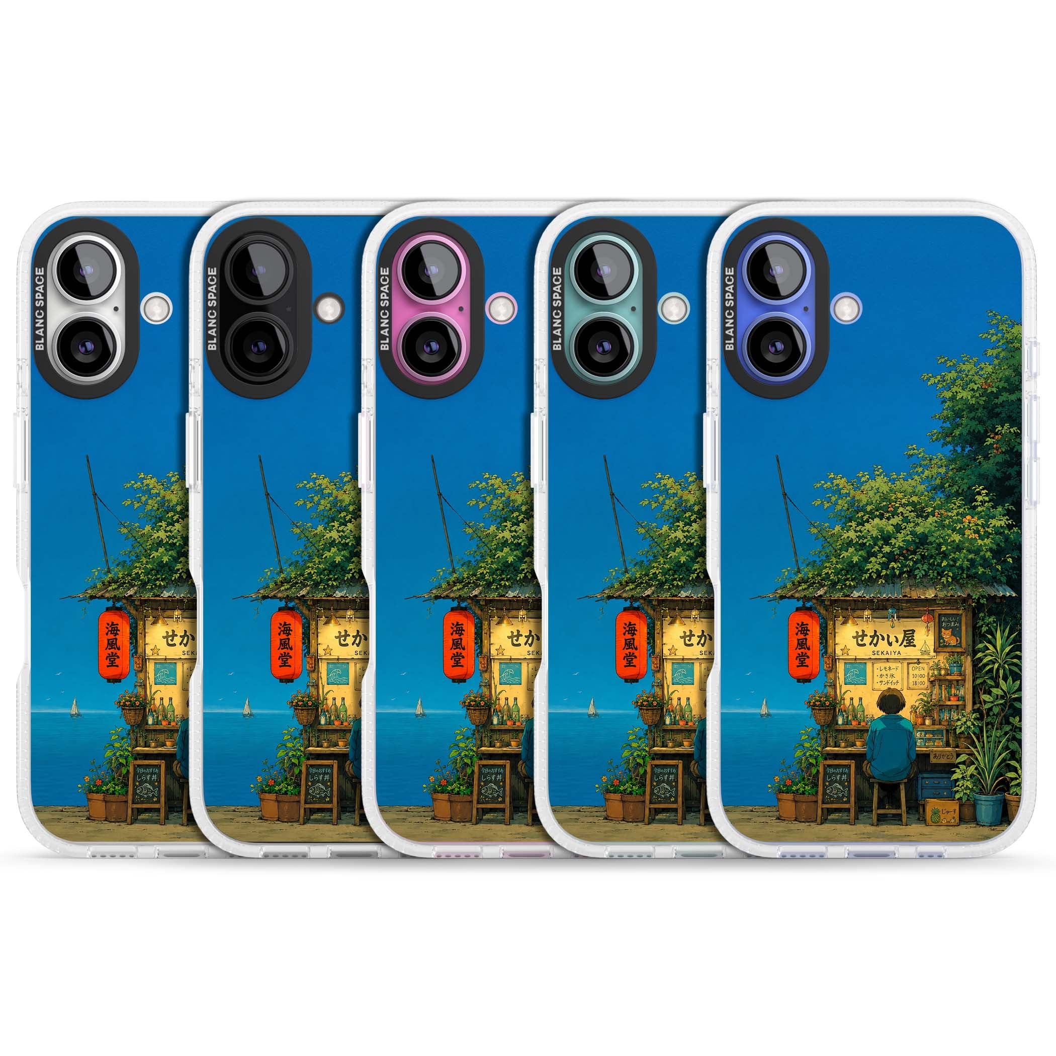 The Shirahama Kiosk anime iPhone case featuring a Japanese seaside shop, red paper lantern and ocean view | Clear Case Impact Air case for iPhone 16, iPhone 16 Plus