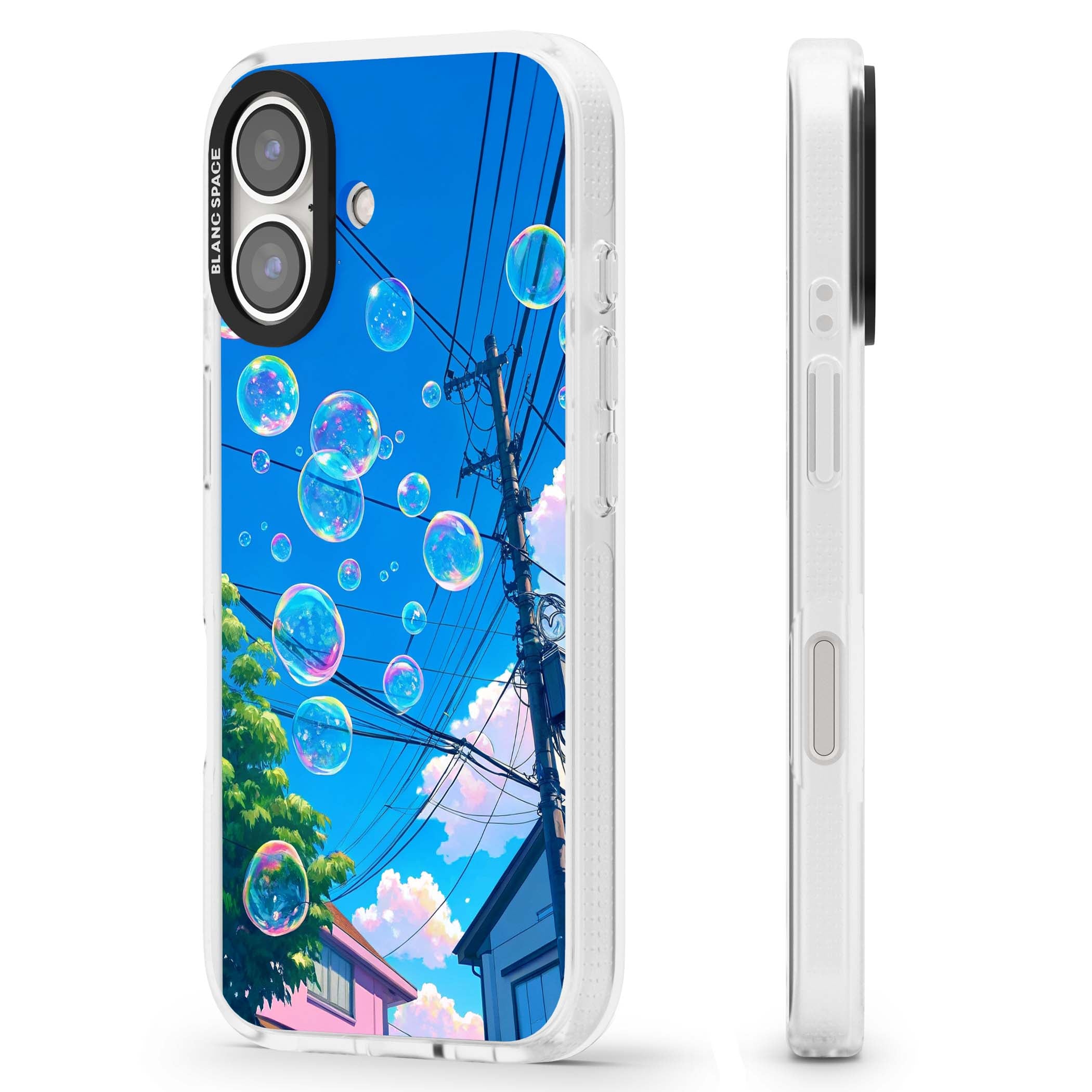 Suburban Bubbles anime iPhone case featuring iridescent soap bubbles, blue sky and Japanese telephone wires | Clear Case Impact Air case for iPhone 16, iPhone 16 Plus