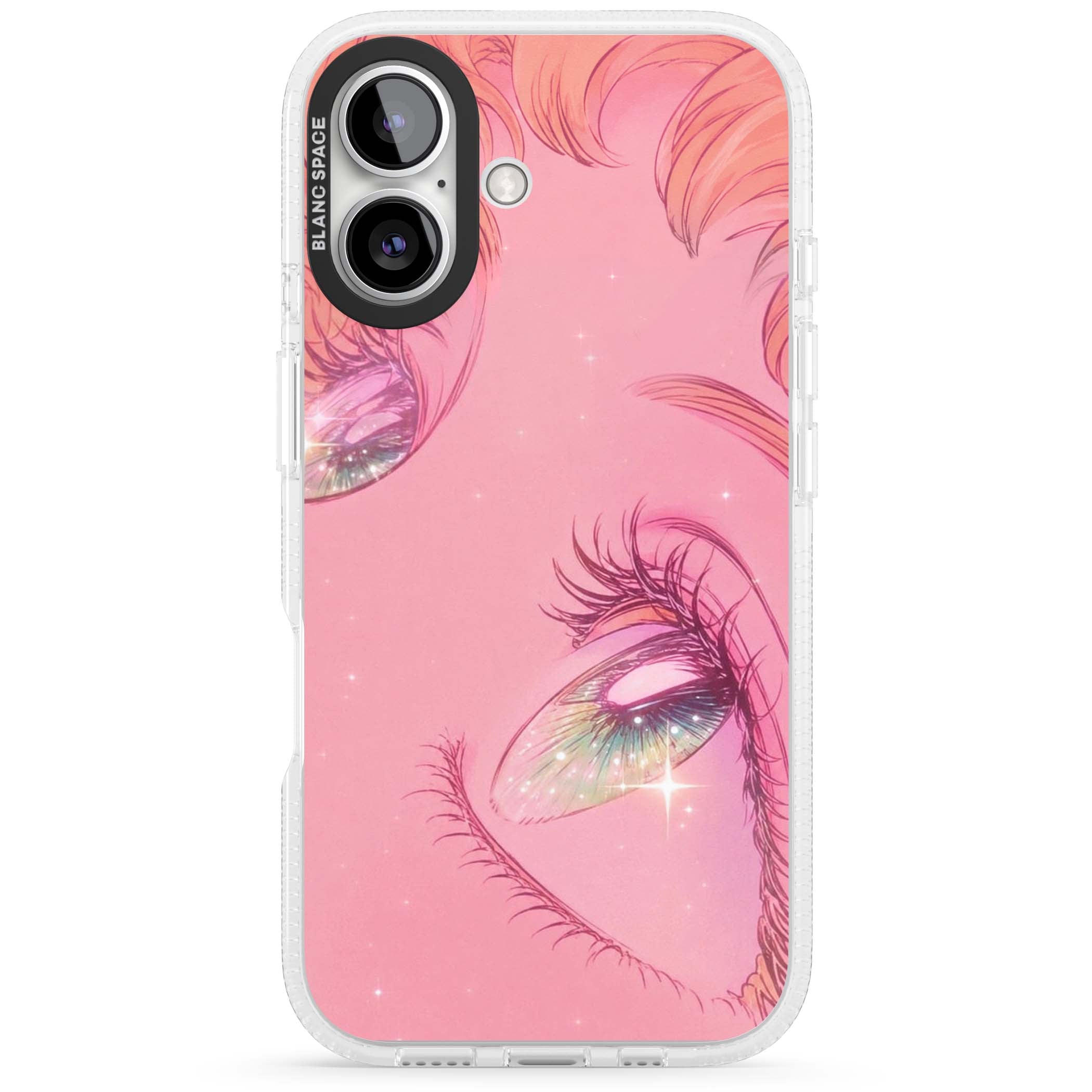 Pink Ethereal Gaze anime iPhone case featuring sparkling manga eyes, coral lashes and dreamy peach sky | Clear Case Impact Air case for iPhone 16, iPhone 16 Plus