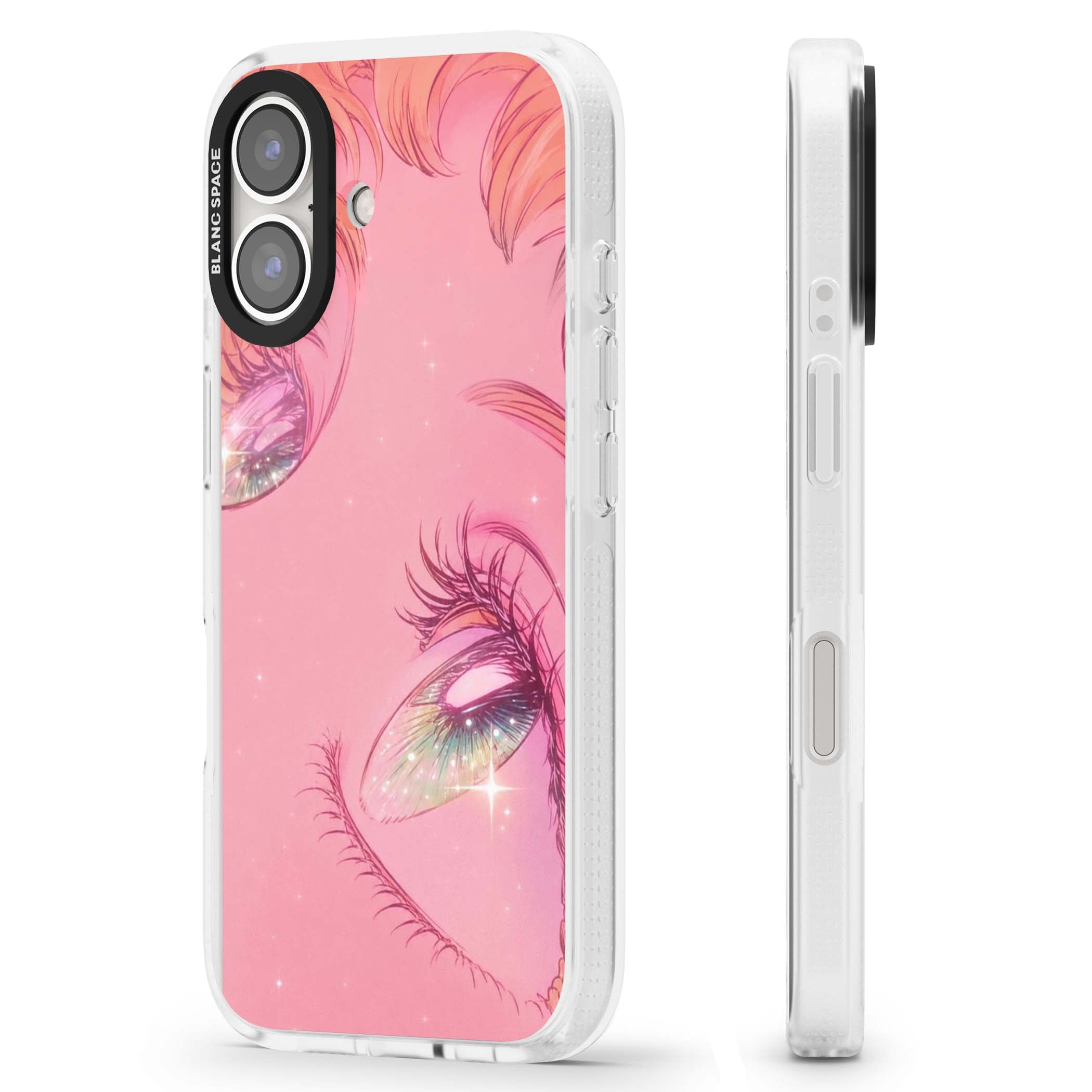 Pink Ethereal Gaze anime iPhone case featuring sparkling manga eyes, coral lashes and dreamy peach sky | Clear Case Impact Air case for iPhone 16, iPhone 16 Plus