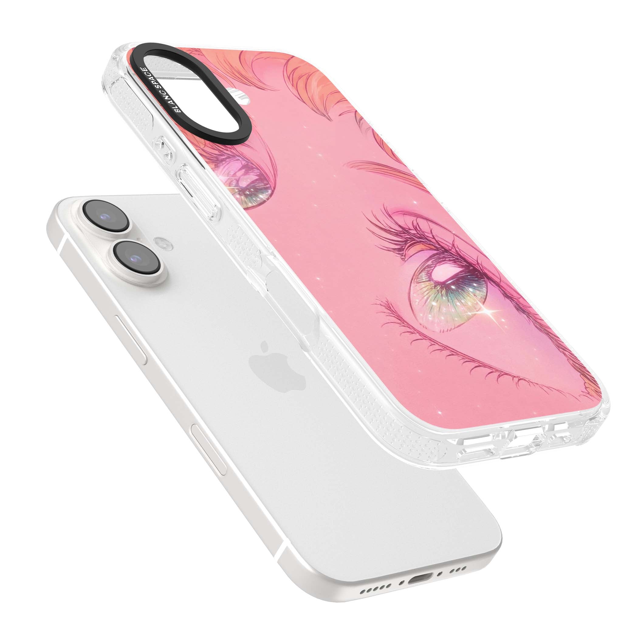 Pink Ethereal Gaze anime iPhone case featuring sparkling manga eyes, coral lashes and dreamy peach sky | Clear Case Impact Air case for iPhone 16, iPhone 16 Plus