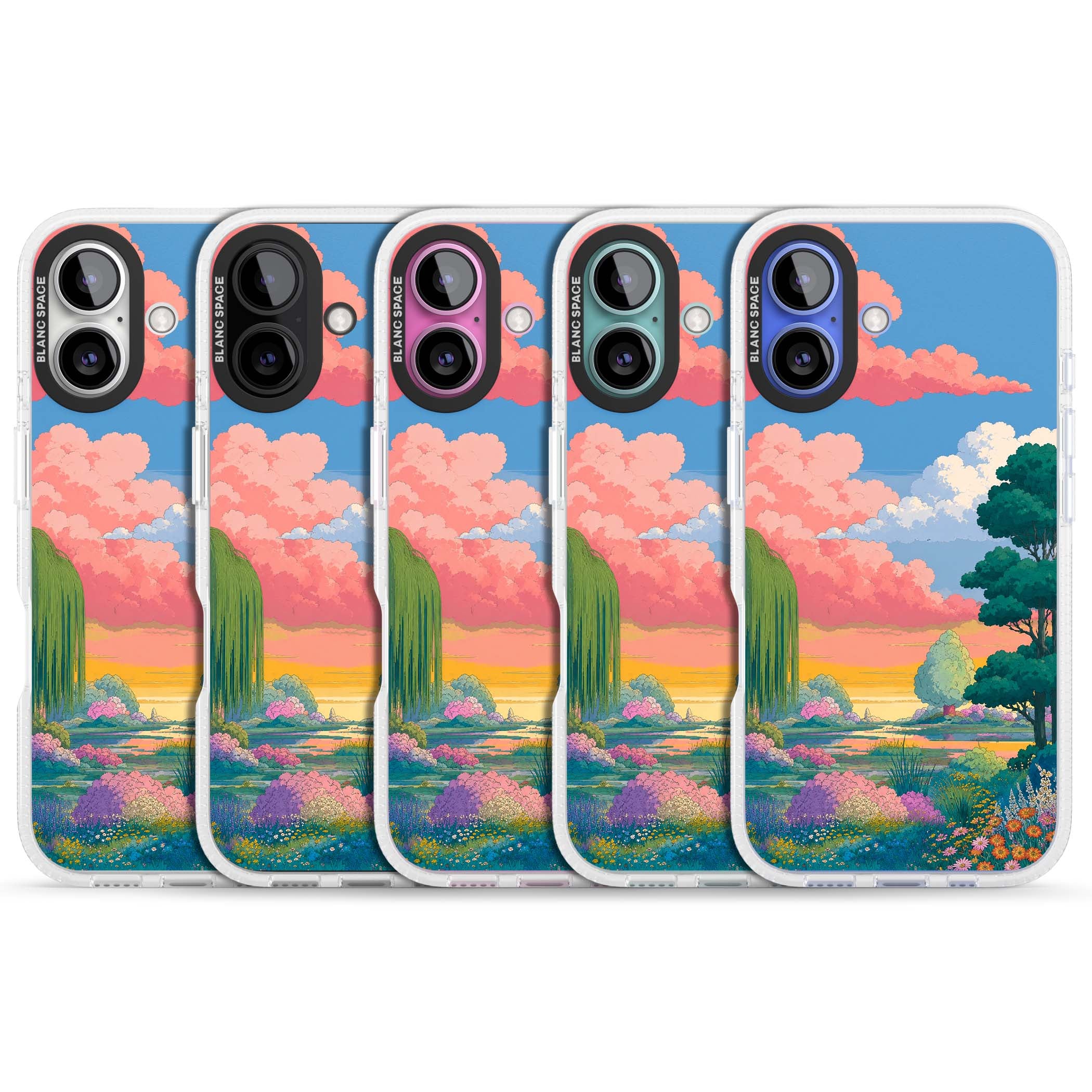 Dream Valley anime landscape iPhone case featuring pink sunset clouds, willow trees and wildflowers | Clear Case Impact Air case for iPhone 16, iPhone 16 Plus
