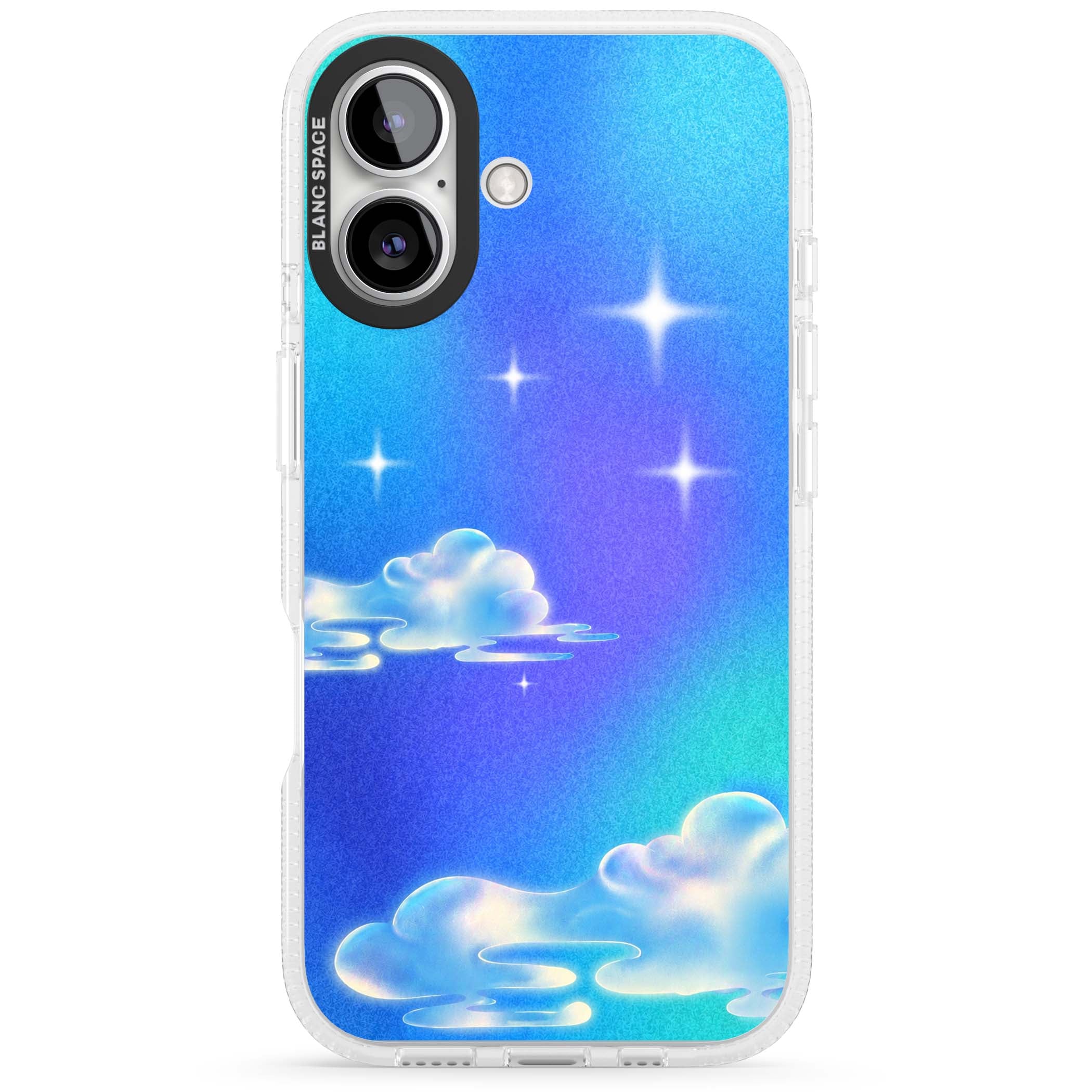Aurora celestial iPhone case featuring dreamy iridescent clouds, sparkling stars and pastel blue purple sky | Clear Case Impact Air case for iPhone 16, iPhone 16 Plus