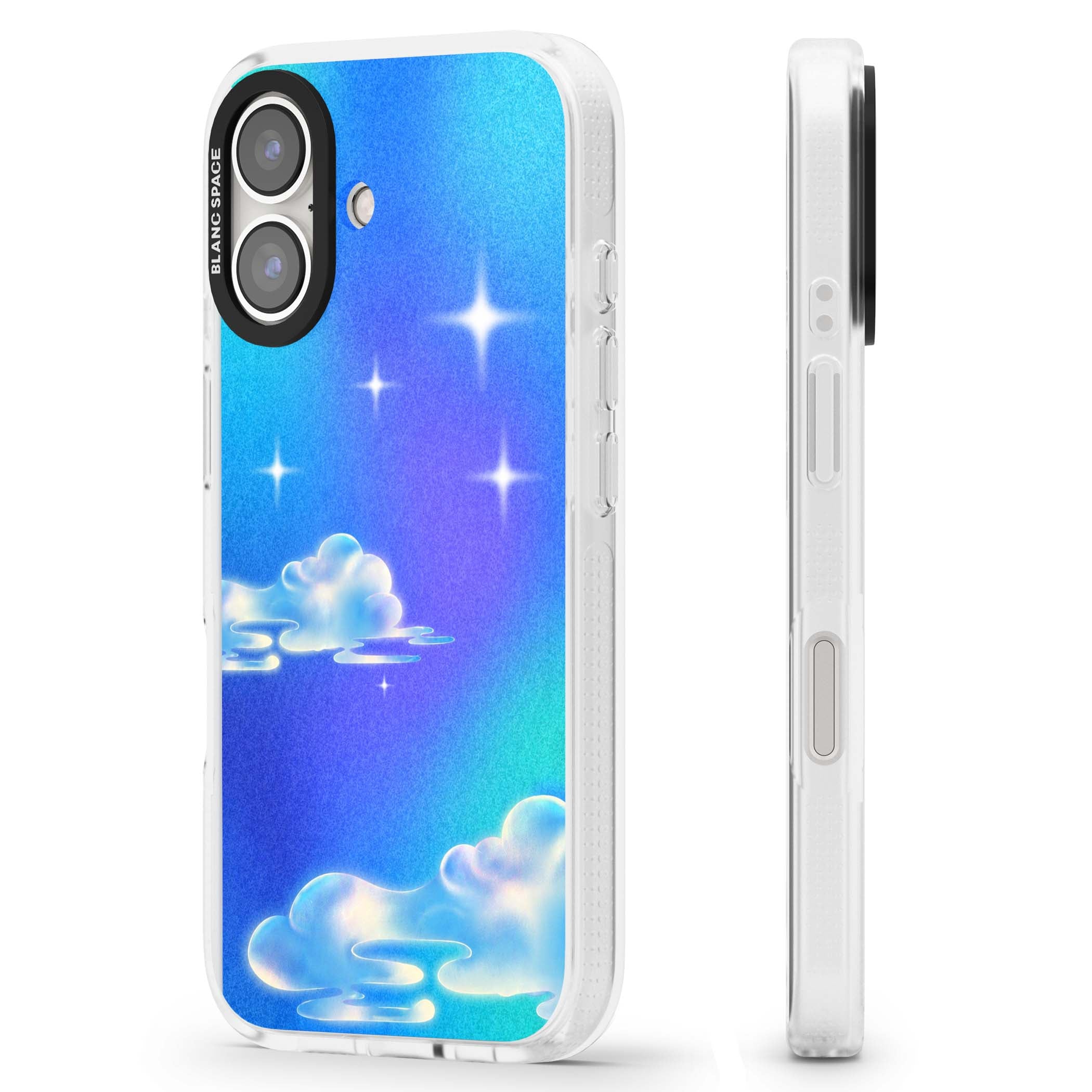 Aurora celestial iPhone case featuring dreamy iridescent clouds, sparkling stars and pastel blue purple sky | Clear Case Impact Air case for iPhone 16, iPhone 16 Plus