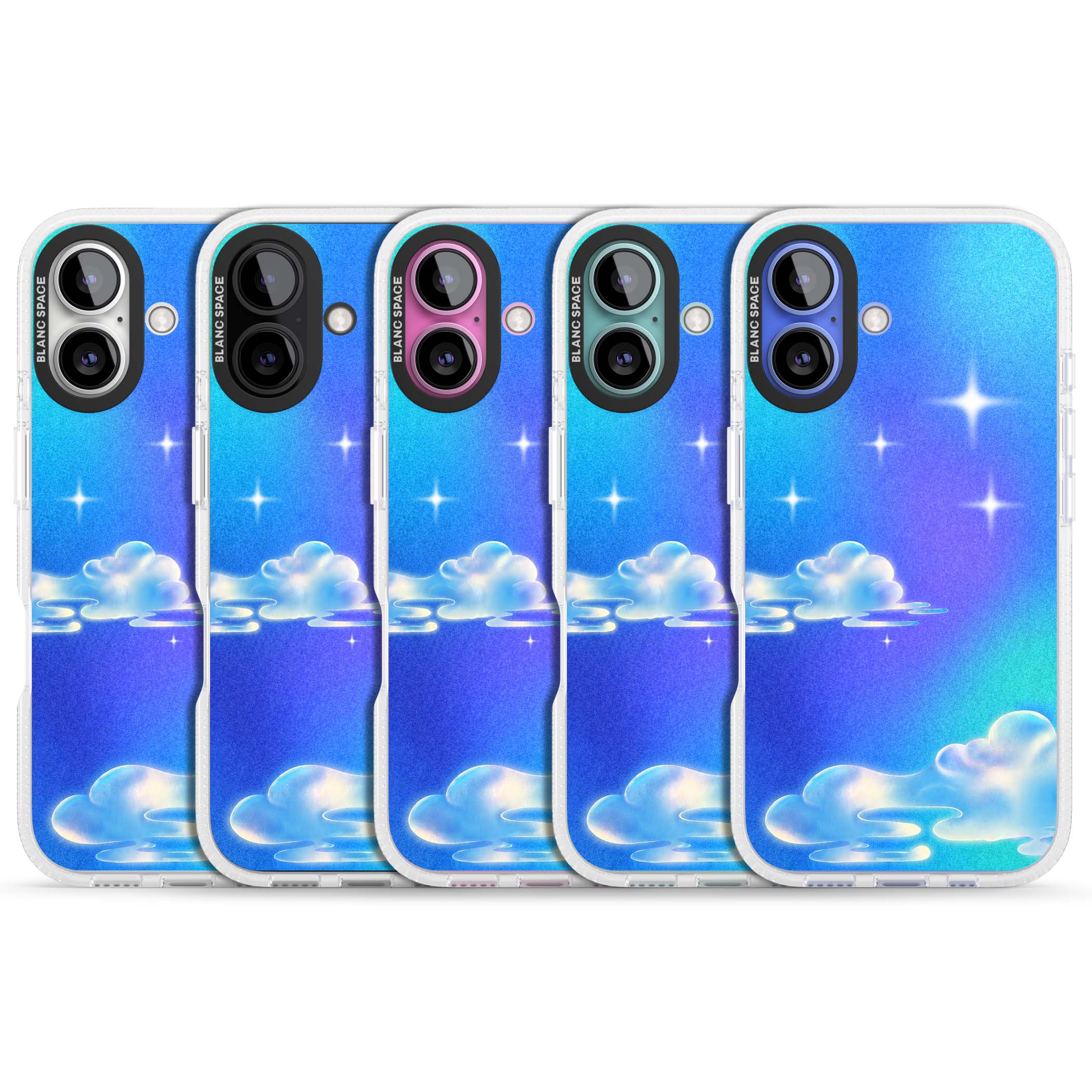 Aurora celestial iPhone case featuring dreamy iridescent clouds, sparkling stars and pastel blue purple sky | Clear Case Impact Air case for iPhone 16, iPhone 16 Plus