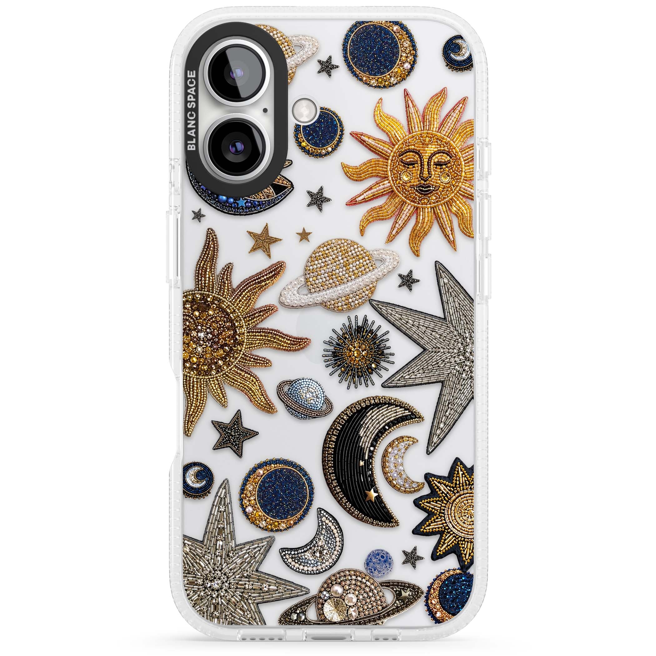 Beaded Cosmos celestial iPhone case featuring embroidered golden suns, beaded planets and silver shooting stars | Clear Case Impact Air case for iPhone 16, iPhone 16 Plus