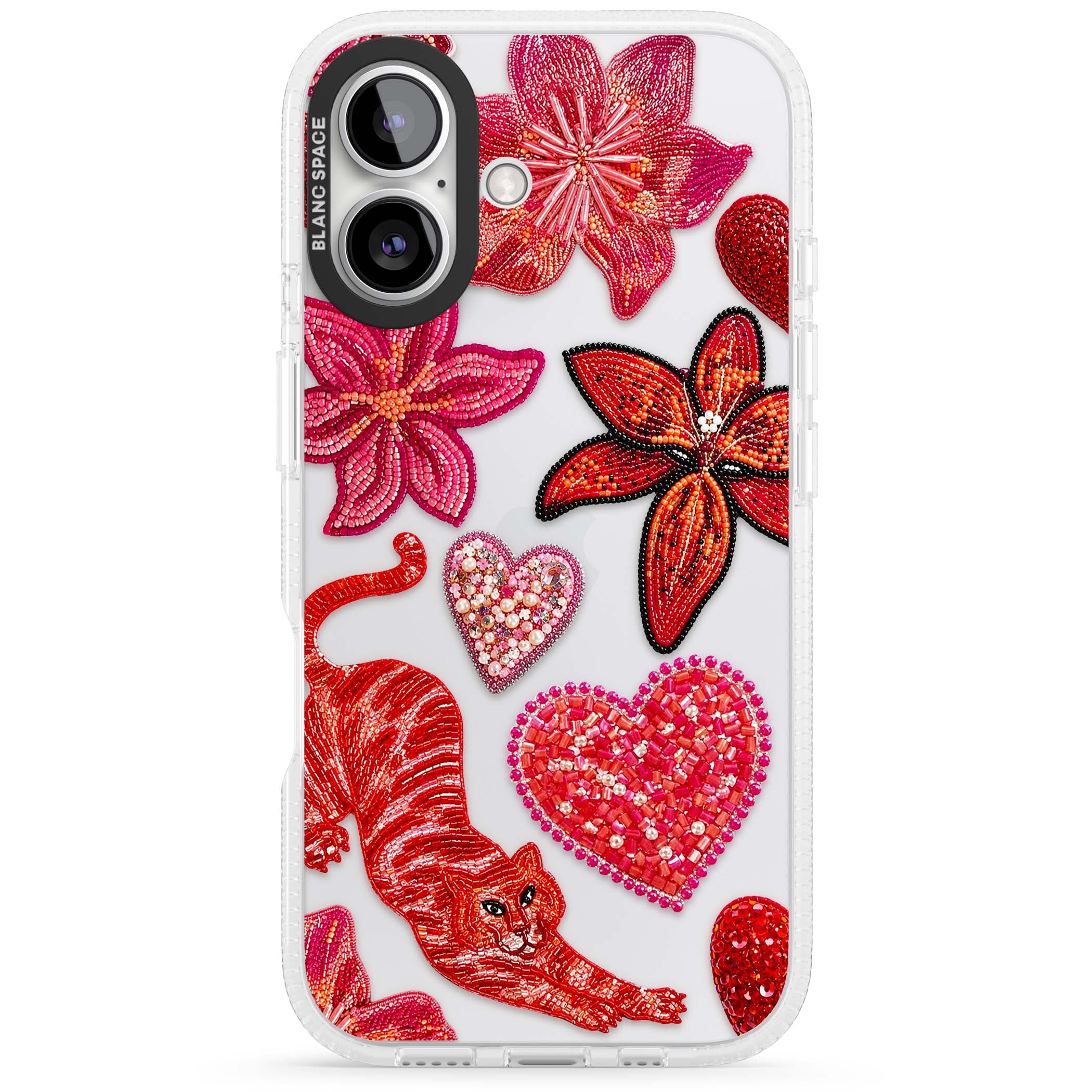 Beaded Boho floral iPhone case featuring beaded red lilies, a stitched tiger, and pearl-encrusted hearts on clear | Clear Case Impact Air case for iPhone 16, iPhone 16 Plus