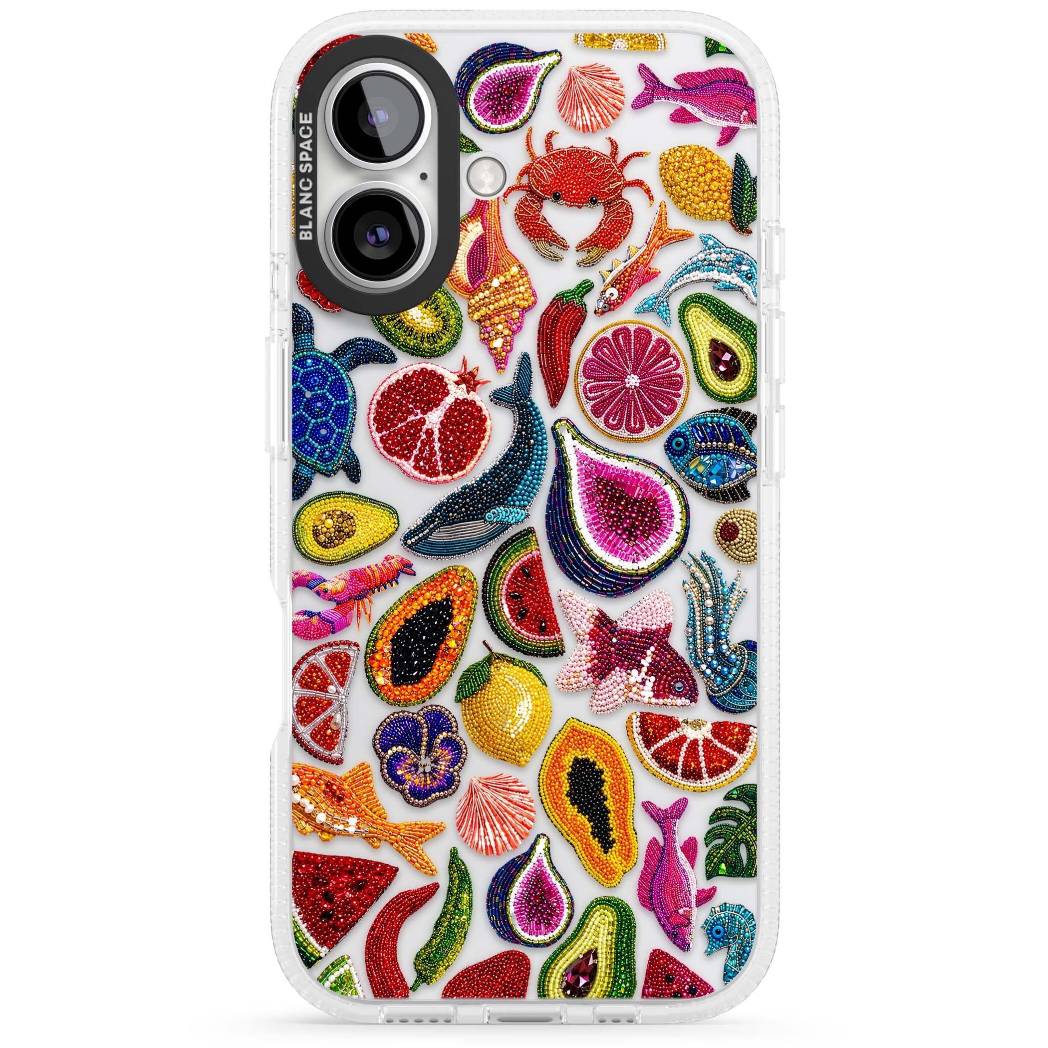 Beaded Tropic tropical iPhone case featuring beaded fruit, fish, crabs and seashells in vibrant colour | Clear Case Impact Air case for iPhone 16, iPhone 16 Plus