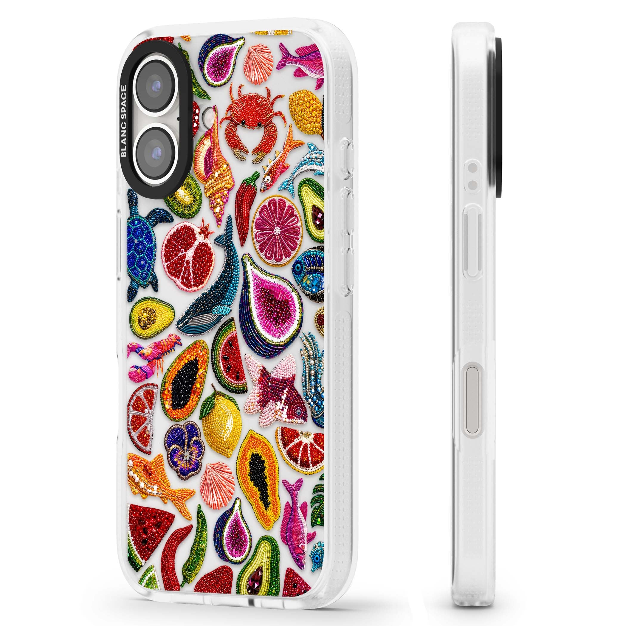 Beaded Tropic tropical iPhone case featuring beaded fruit, fish, crabs and seashells in vibrant colour | Clear Case Impact Air case for iPhone 16, iPhone 16 Plus