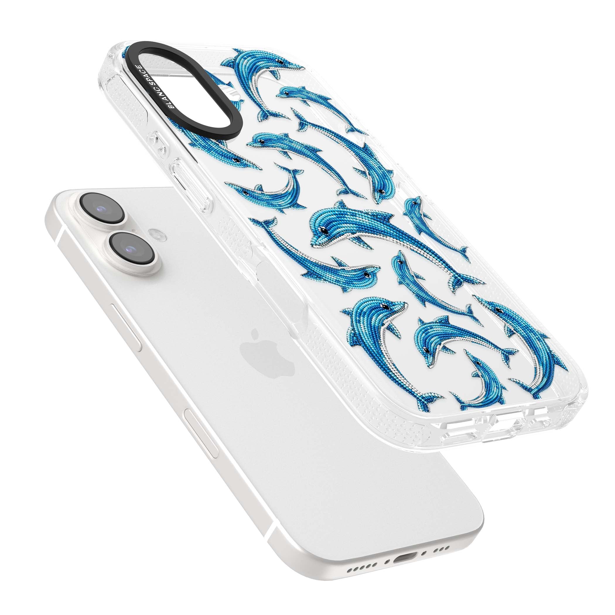 Beaded Dolphins coastal iPhone case featuring beaded dolphins in blue and white swimming across a clear background | Clear Case Impact Air case for iPhone 16, iPhone 16 Plus