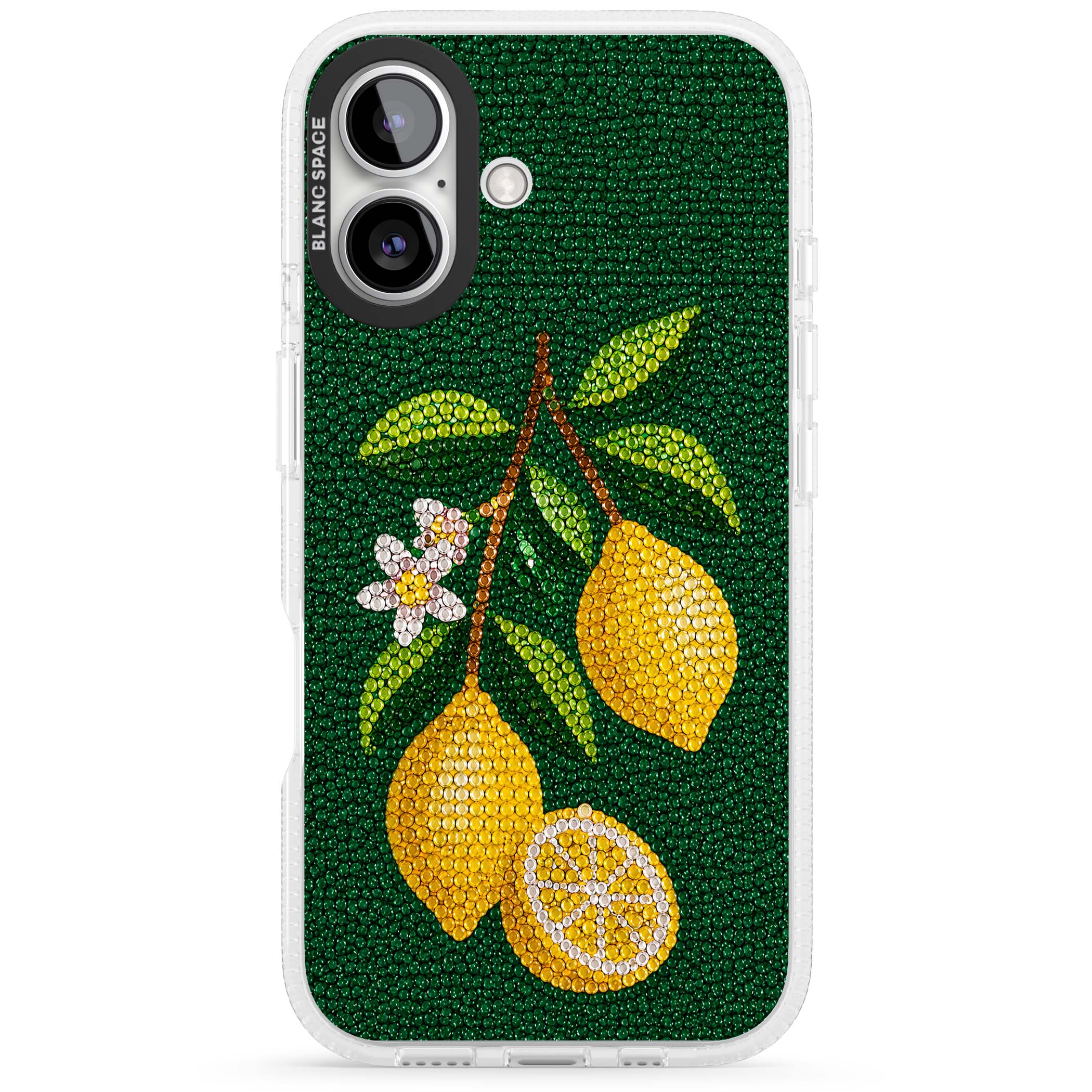 Beaded Lemons coastal iPhone case featuring crystal-beaded lemons, citrus blossom and green leaves on emerald ground | Clear Case Impact Air case for iPhone 16, iPhone 16 Plus