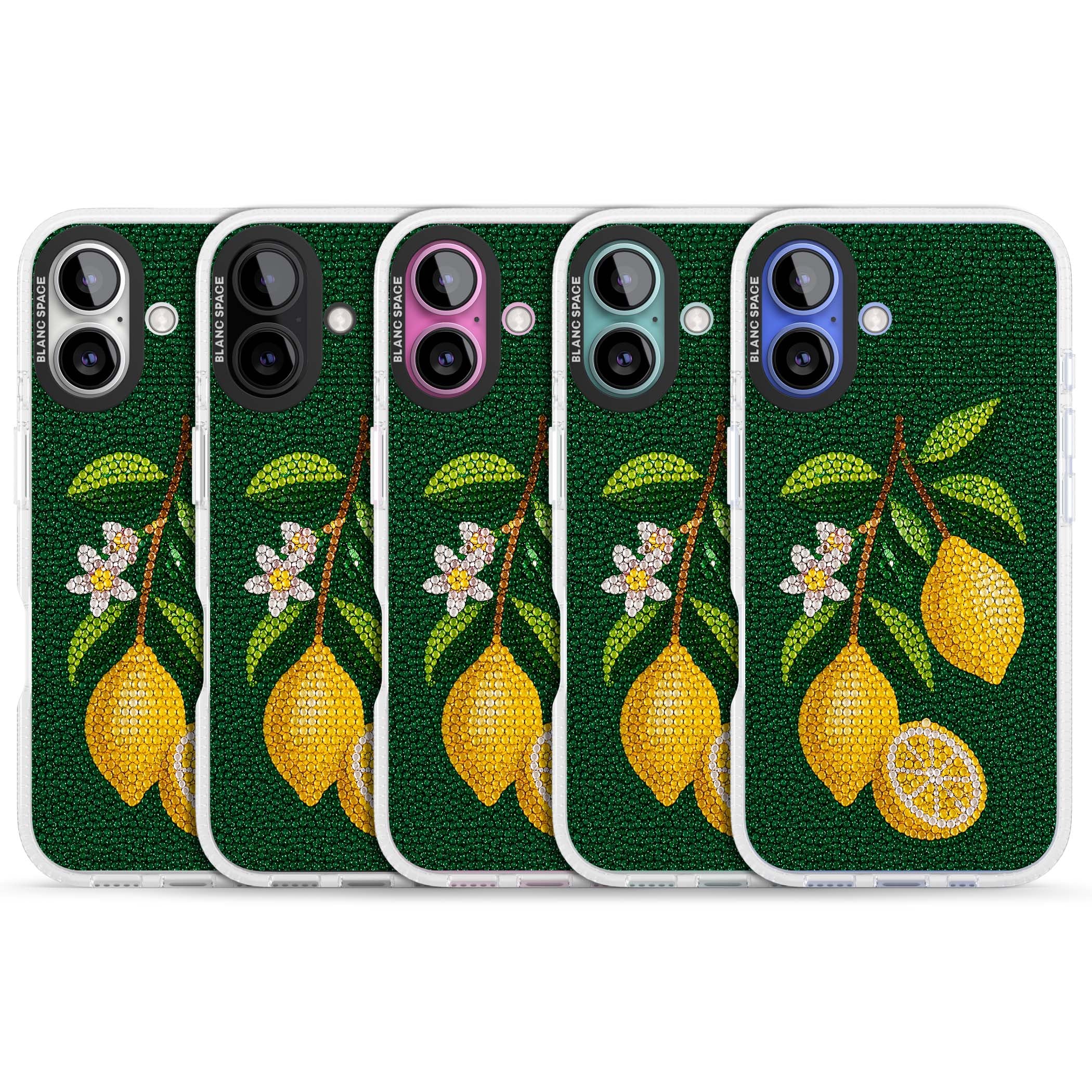 Beaded Lemons coastal iPhone case featuring crystal-beaded lemons, citrus blossom and green leaves on emerald ground | Clear Case Impact Air case for iPhone 16, iPhone 16 Plus