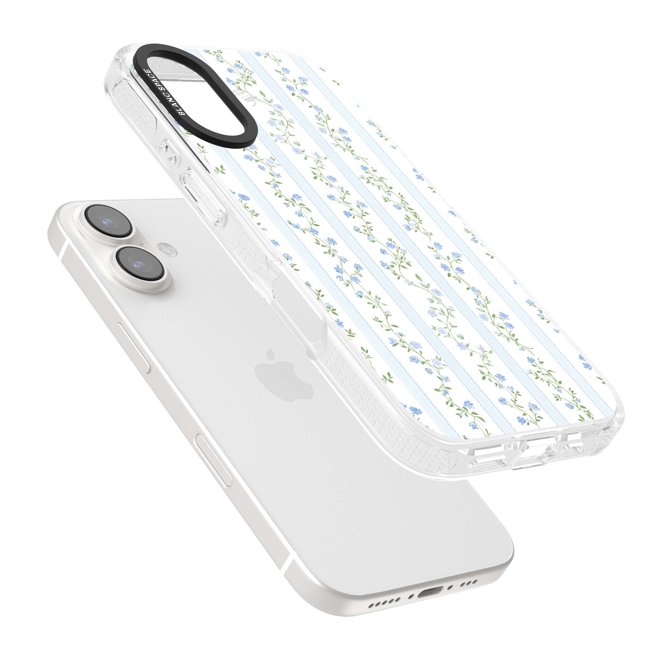 Bluebell Vine cottagecore iPhone case featuring climbing blue roses, trailing green vines, and pale ticking stripes | Clear Case Impact Air case for iPhone 16, iPhone 16 Plus