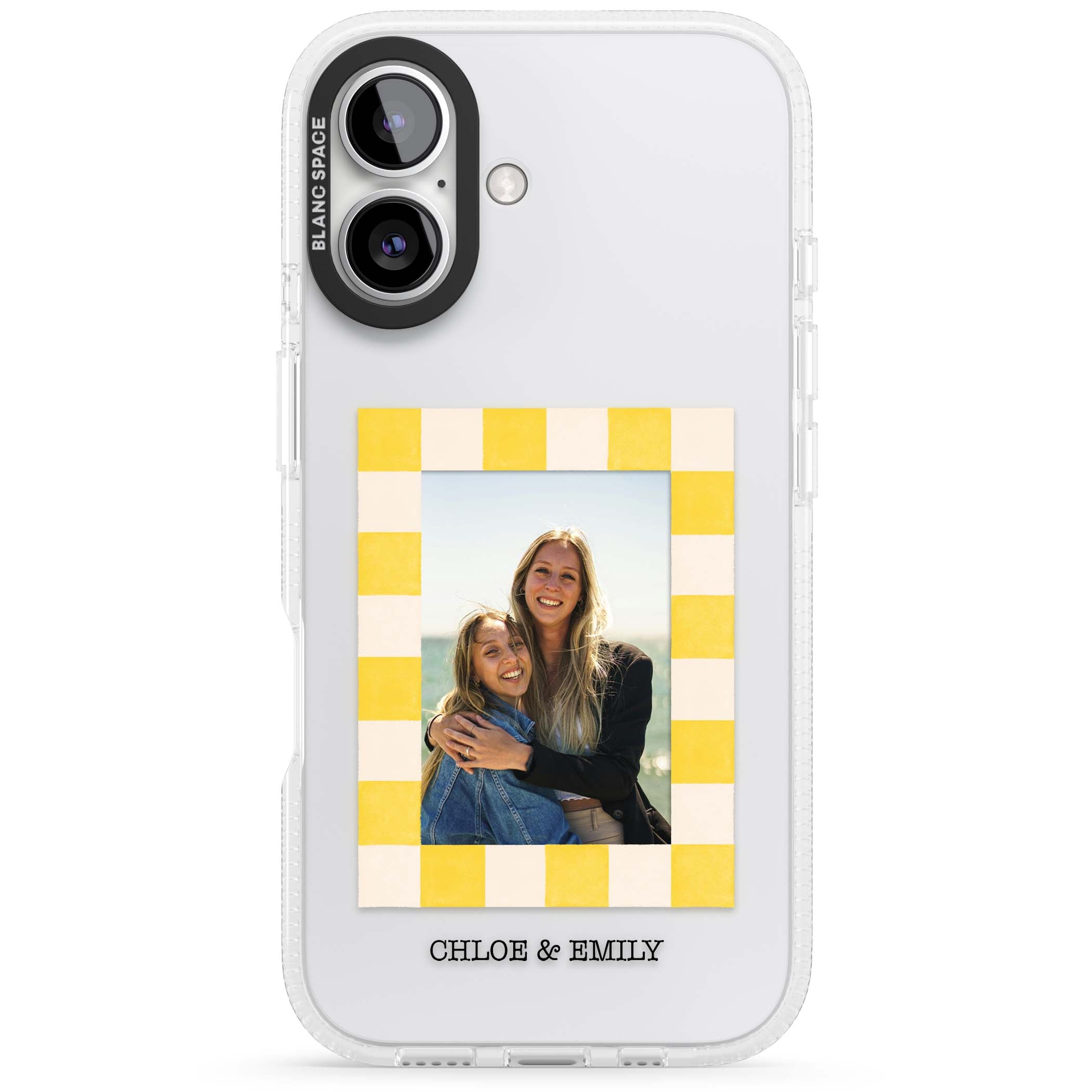 Yellow Check Photo personalised iPhone case with yellow checkered Polaroid frame and custom names beneath | Clear Case Impact Air case for iPhone 16, iPhone 16 Plus