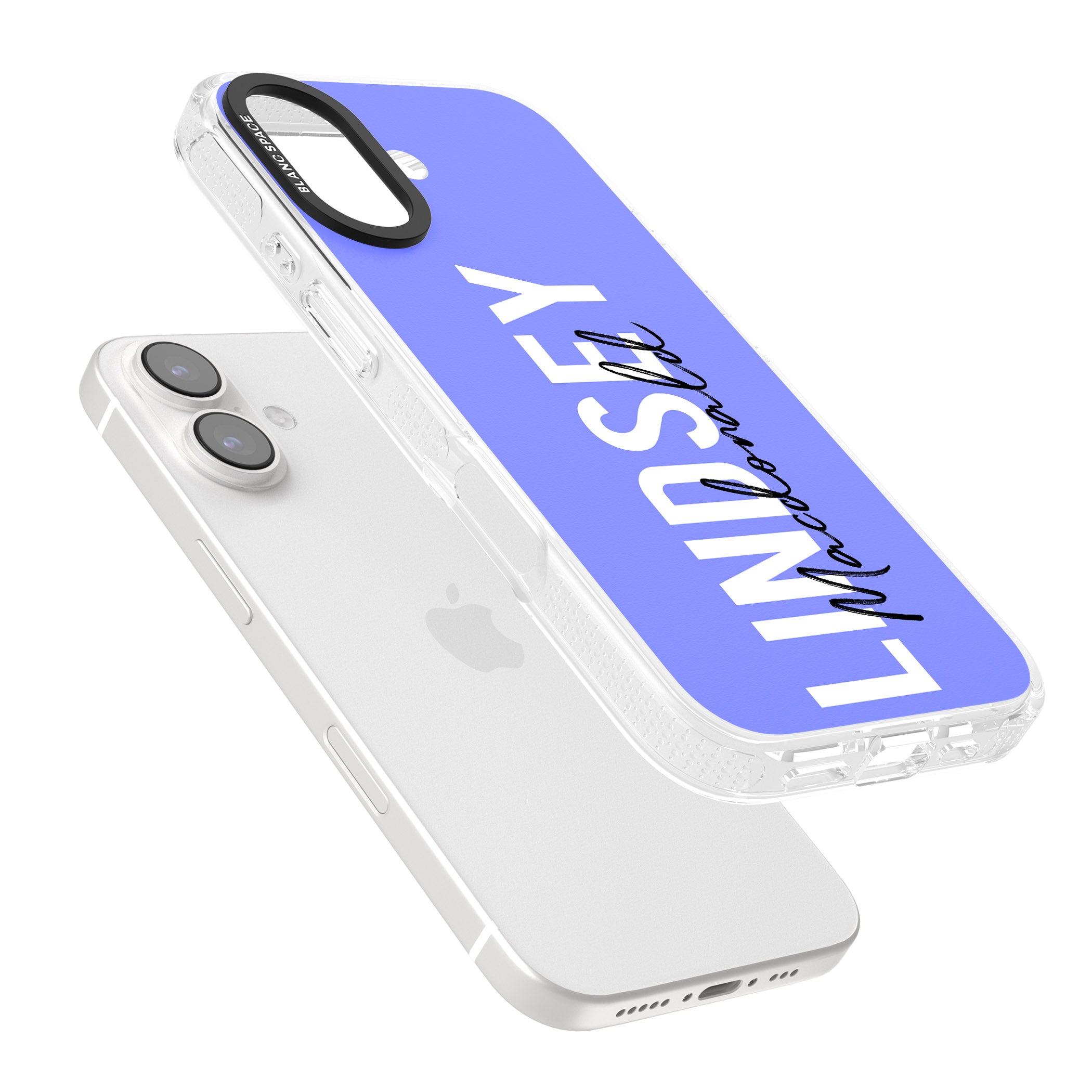 Personalised Bold Name: Purple iPhone 16 / 16 Plus Clear Case Impact Air - Blanc Space