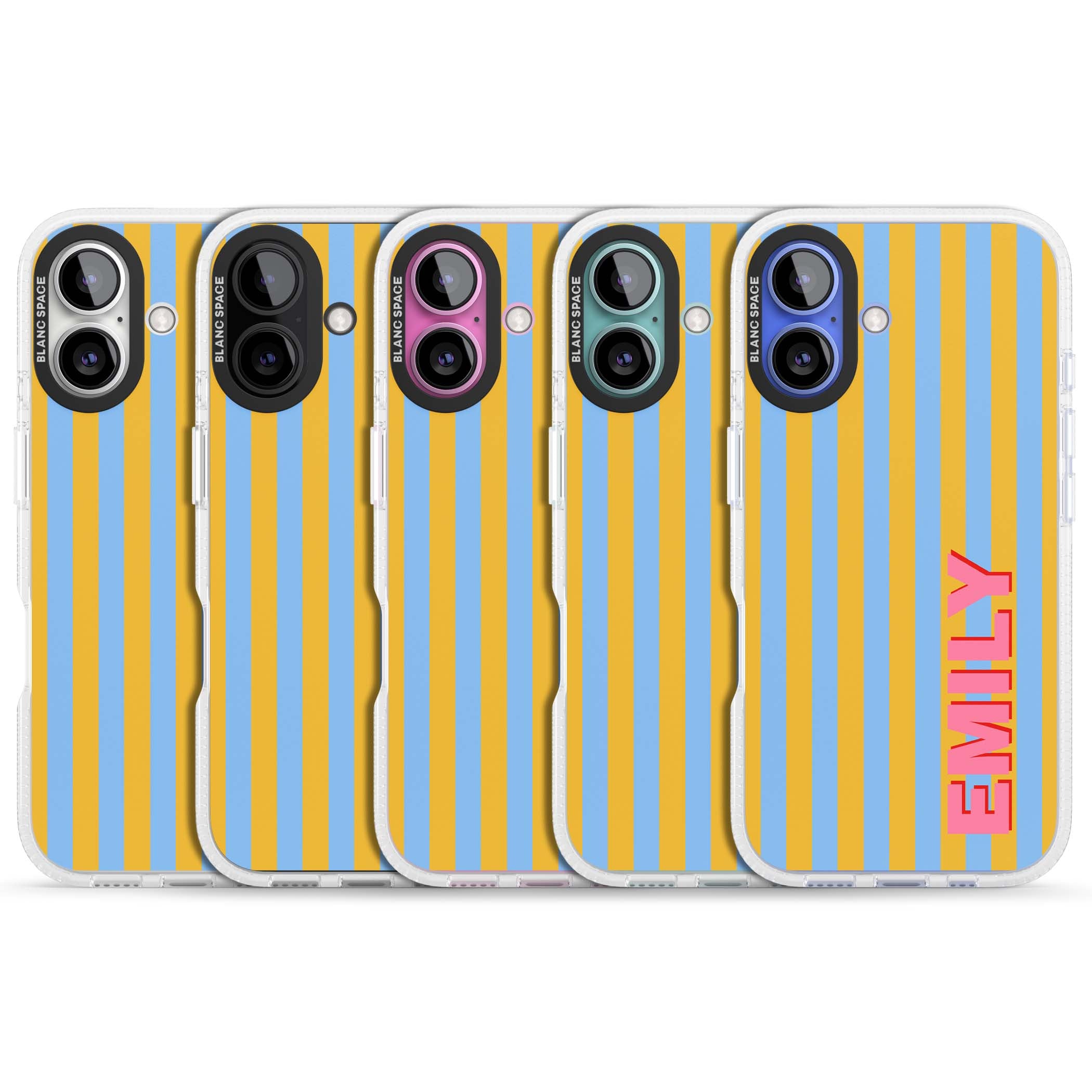 Carribean Stripe personalised coastal iPhone case with yellow and blue vertical stripes and a custom pink name | Clear Case Impact Air case for iPhone 16, iPhone 16 Plus