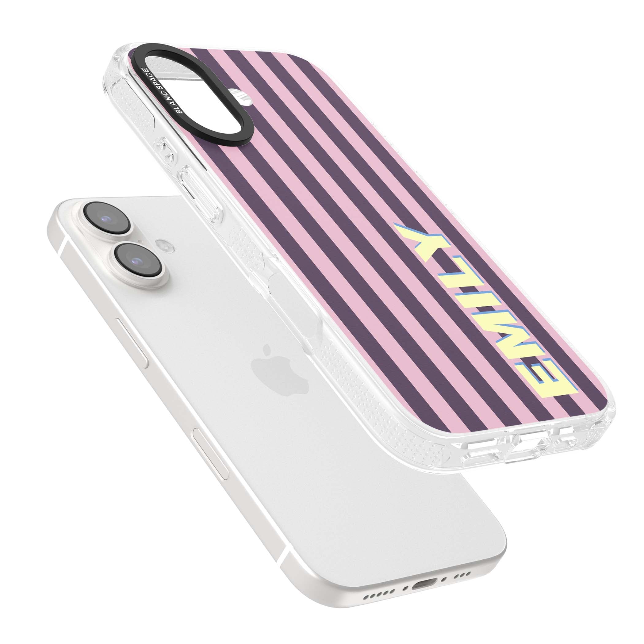 Tyre Stripe personalised stripe iPhone case with plum and pink vertical stripes and custom yellow name | Clear Case Impact Air case for iPhone 16, iPhone 16 Plus
