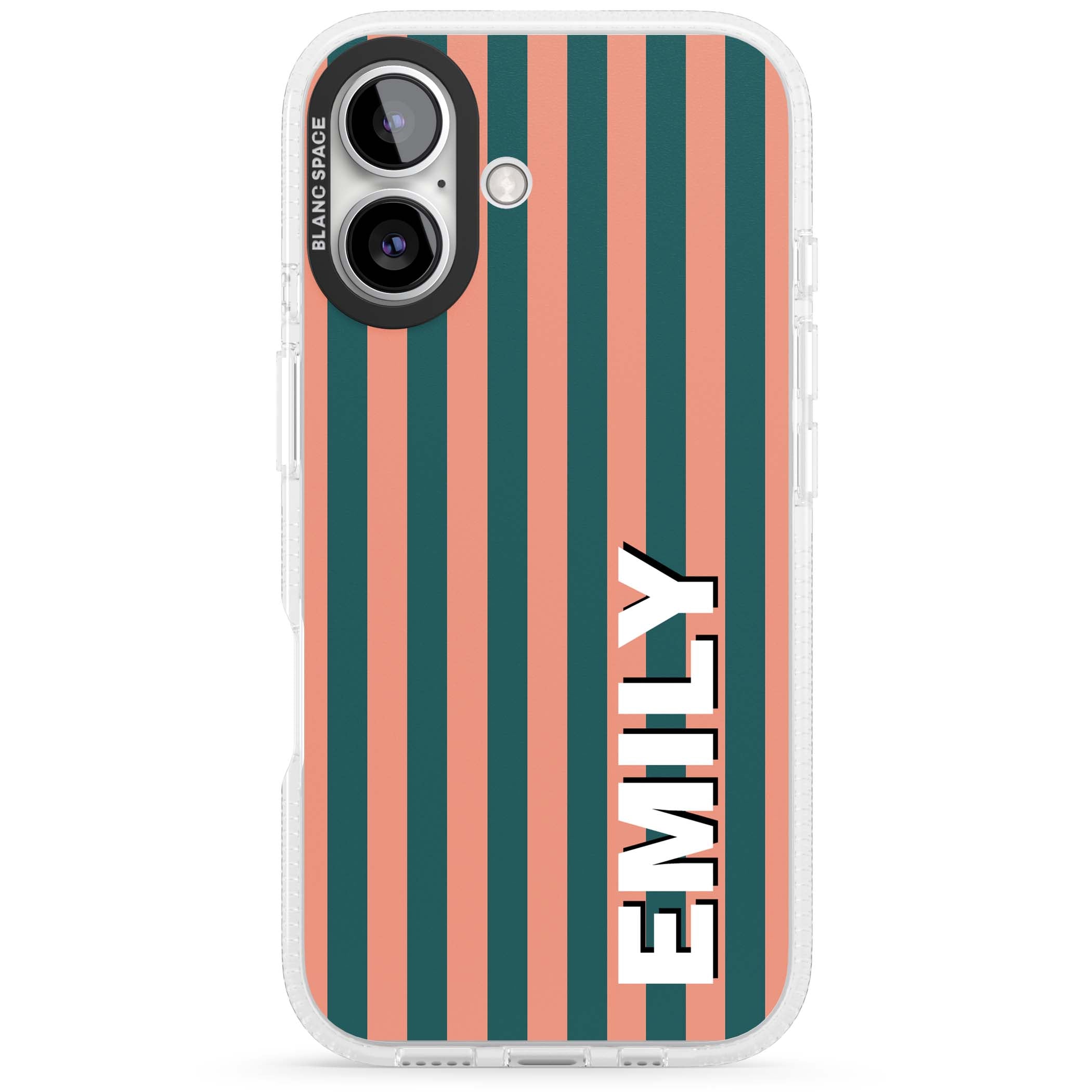 Tuscan Stripe personalised iPhone case featuring coral and green vertical stripes with bold custom name | Clear Case Impact Air case for iPhone 16, iPhone 16 Plus