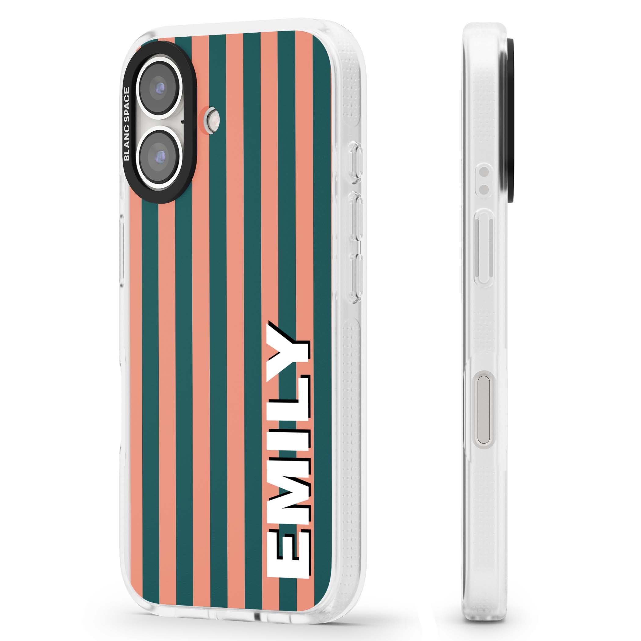 Tuscan Stripe personalised iPhone case featuring coral and green vertical stripes with bold custom name | Clear Case Impact Air case for iPhone 16, iPhone 16 Plus