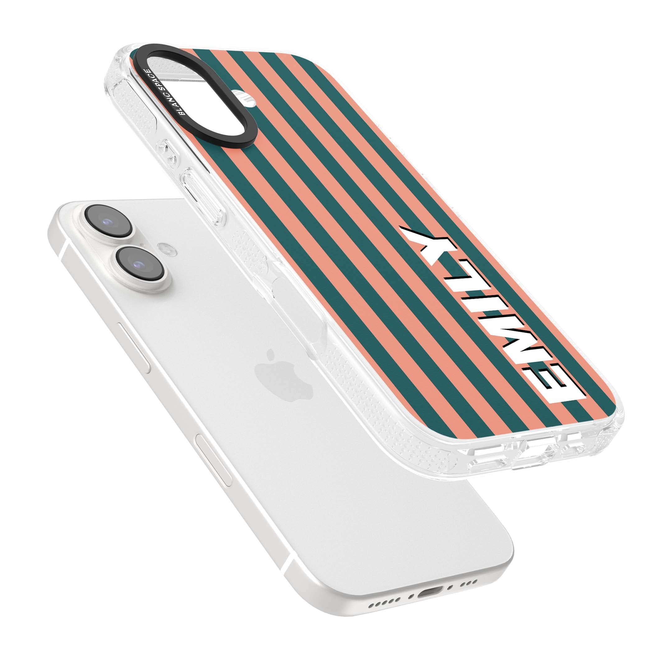 Tuscan Stripe personalised iPhone case featuring coral and green vertical stripes with bold custom name | Clear Case Impact Air case for iPhone 16, iPhone 16 Plus