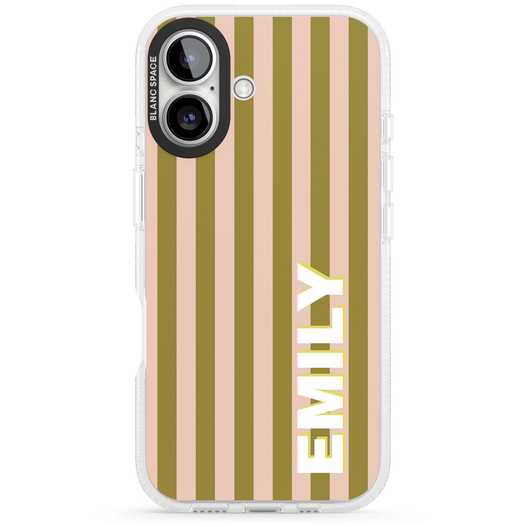 Indian Stripe personalised iPhone case featuring olive green and blush pink vertical stripes with custom name in whit | Clear Case Impact Air case for iPhone 16, iPhone 16 Plus
