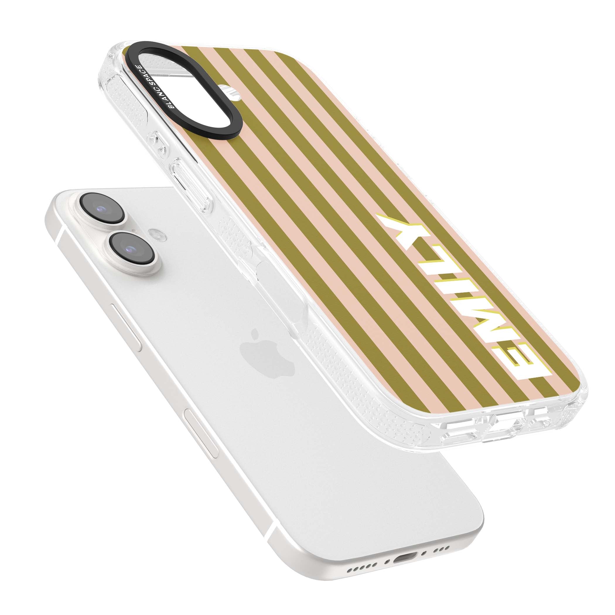 Indian Stripe personalised iPhone case featuring olive green and blush pink vertical stripes with custom name in whit | Clear Case Impact Air case for iPhone 16, iPhone 16 Plus
