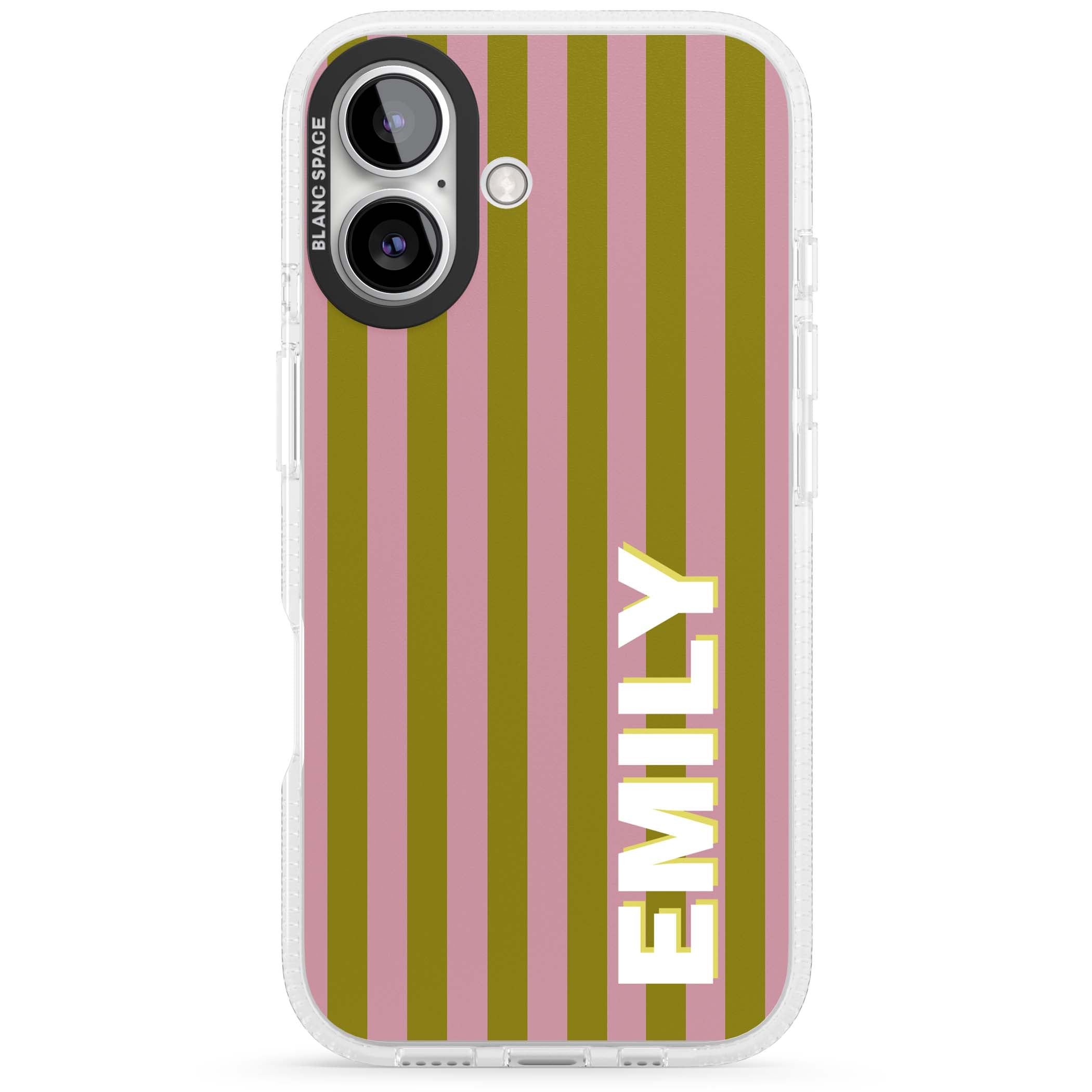 Istanbul Stripe personalised iPhone case featuring pink and olive green vertical stripes with a custom vertical name | Clear Case Impact Air case for iPhone 16, iPhone 16 Plus