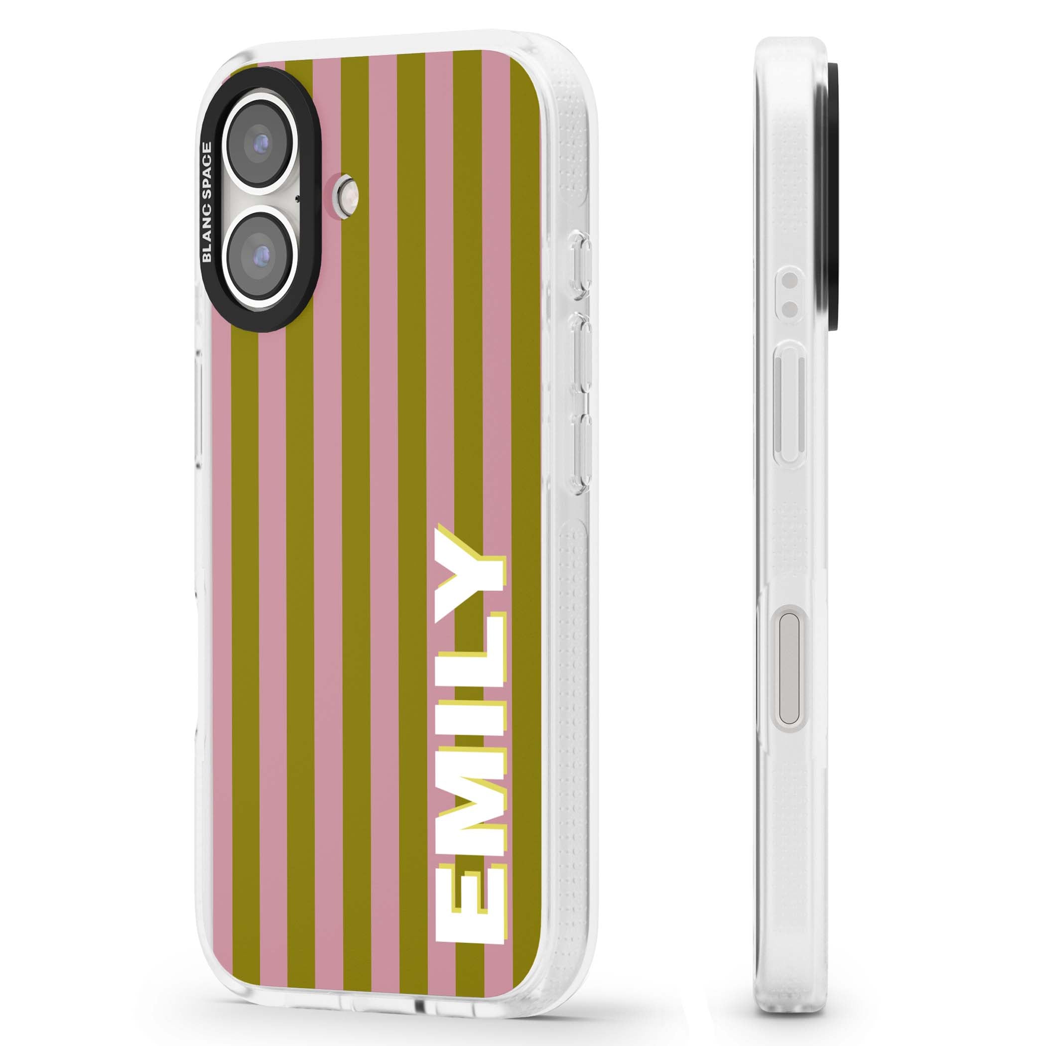 Istanbul Stripe personalised iPhone case featuring pink and olive green vertical stripes with a custom vertical name | Clear Case Impact Air case for iPhone 16, iPhone 16 Plus