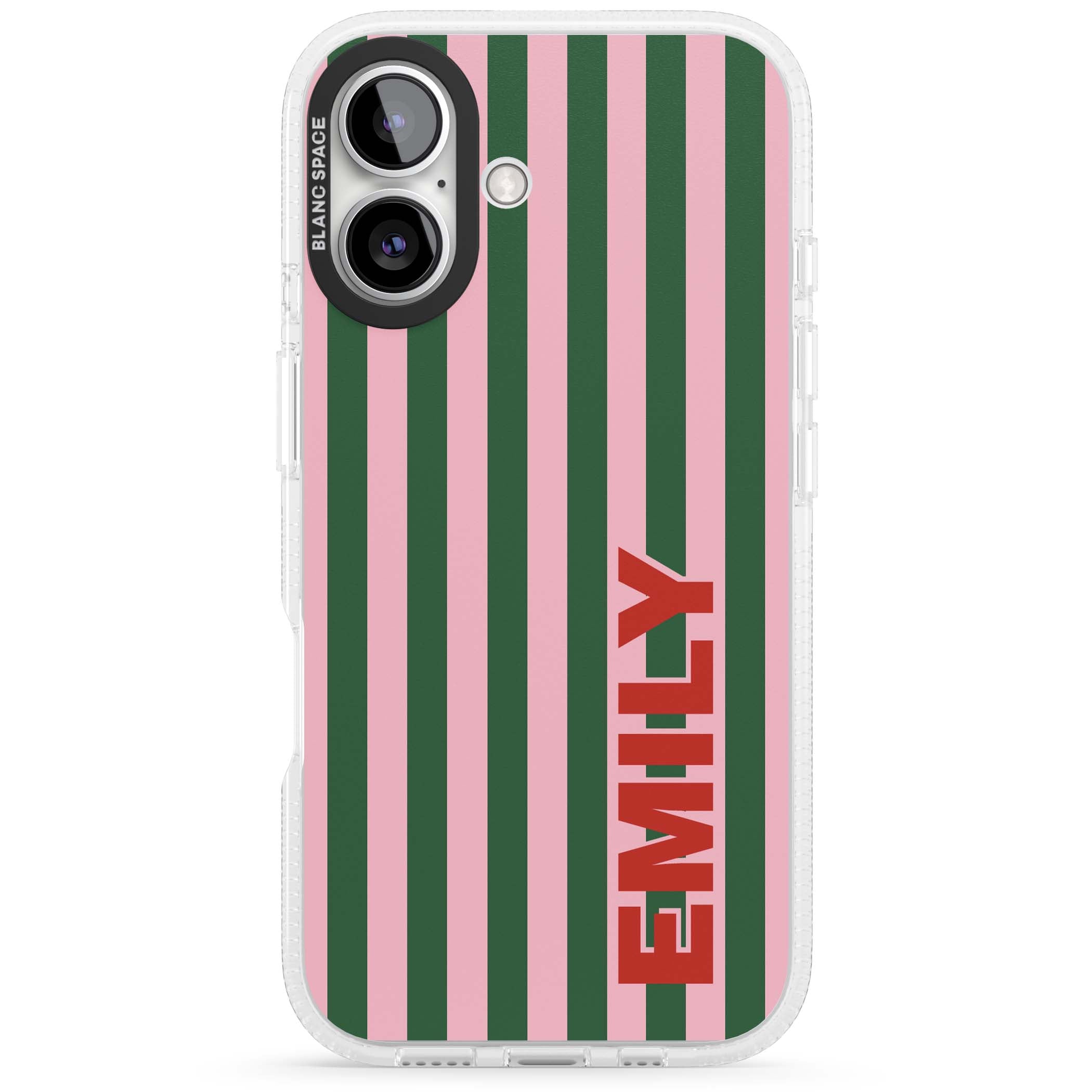 Italian Stripe preppy iPhone case featuring pink and green vertical stripes with personalised red name | Clear Case Impact Air case for iPhone 16, iPhone 16 Plus