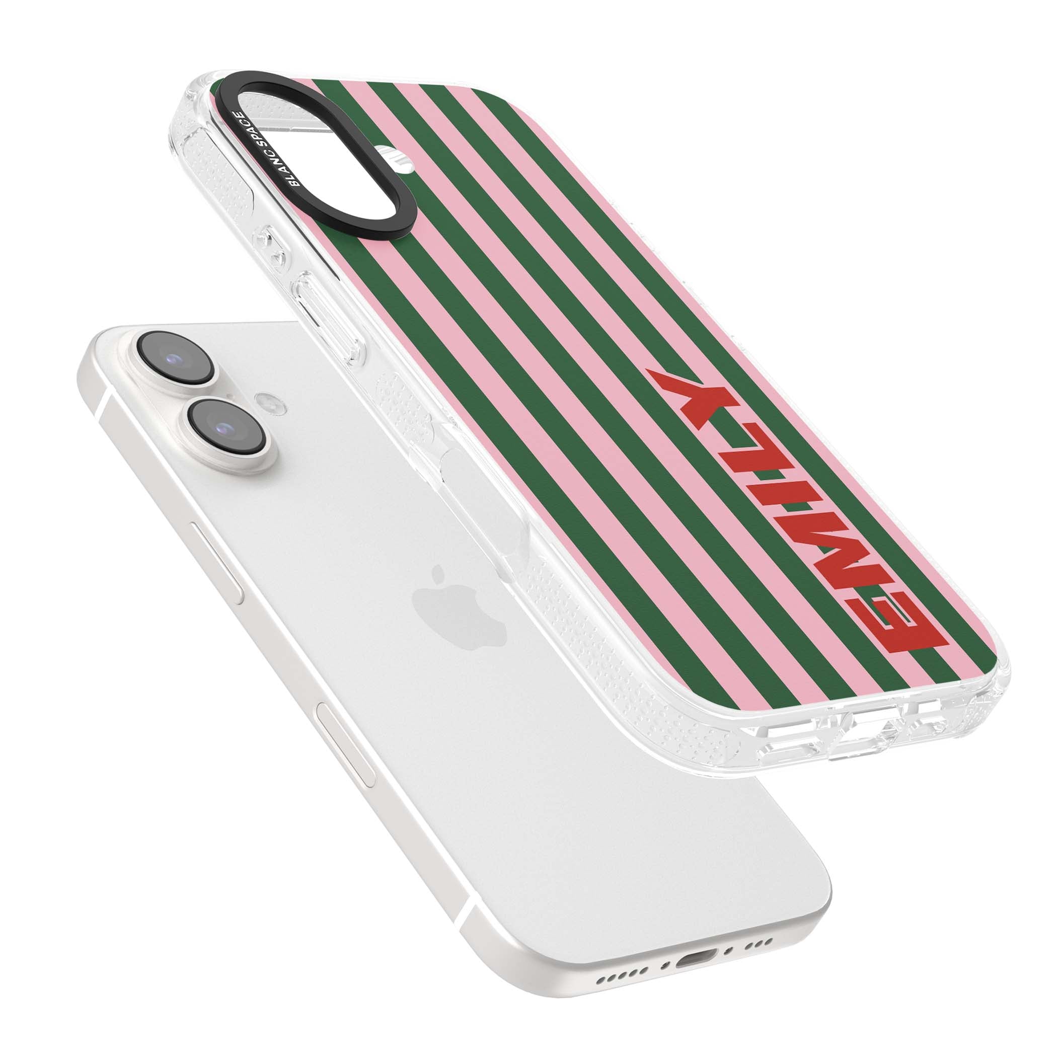 Italian Stripe preppy iPhone case featuring pink and green vertical stripes with personalised red name | Clear Case Impact Air case for iPhone 16, iPhone 16 Plus
