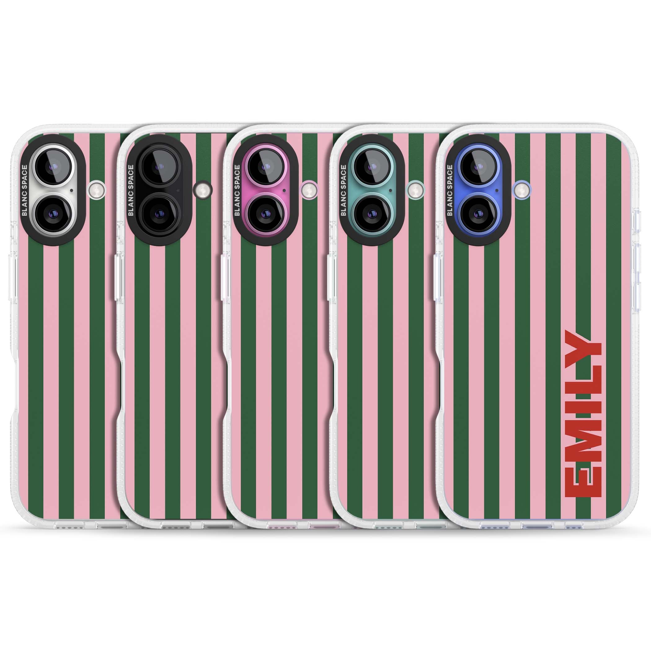 Italian Stripe preppy iPhone case featuring pink and green vertical stripes with personalised red name | Clear Case Impact Air case for iPhone 16, iPhone 16 Plus