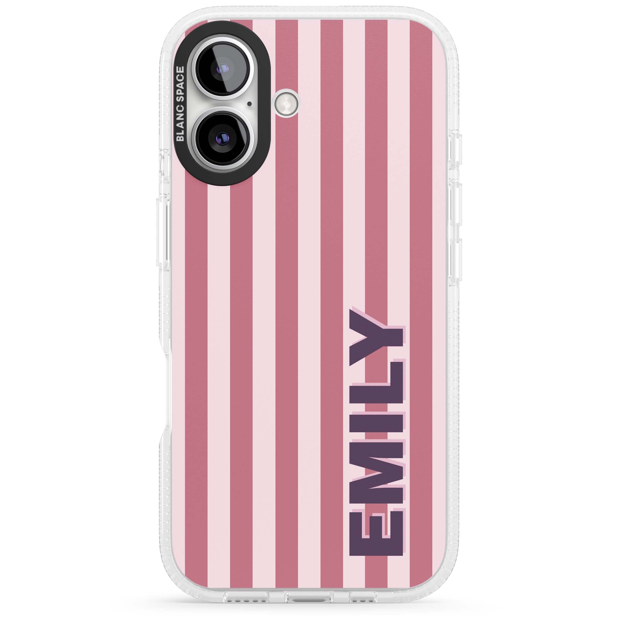 Victoria Stripe personalised iPhone case featuring pink vertical stripes and custom name in bold plum lettering | Clear Case Impact Air case for iPhone 16, iPhone 16 Plus