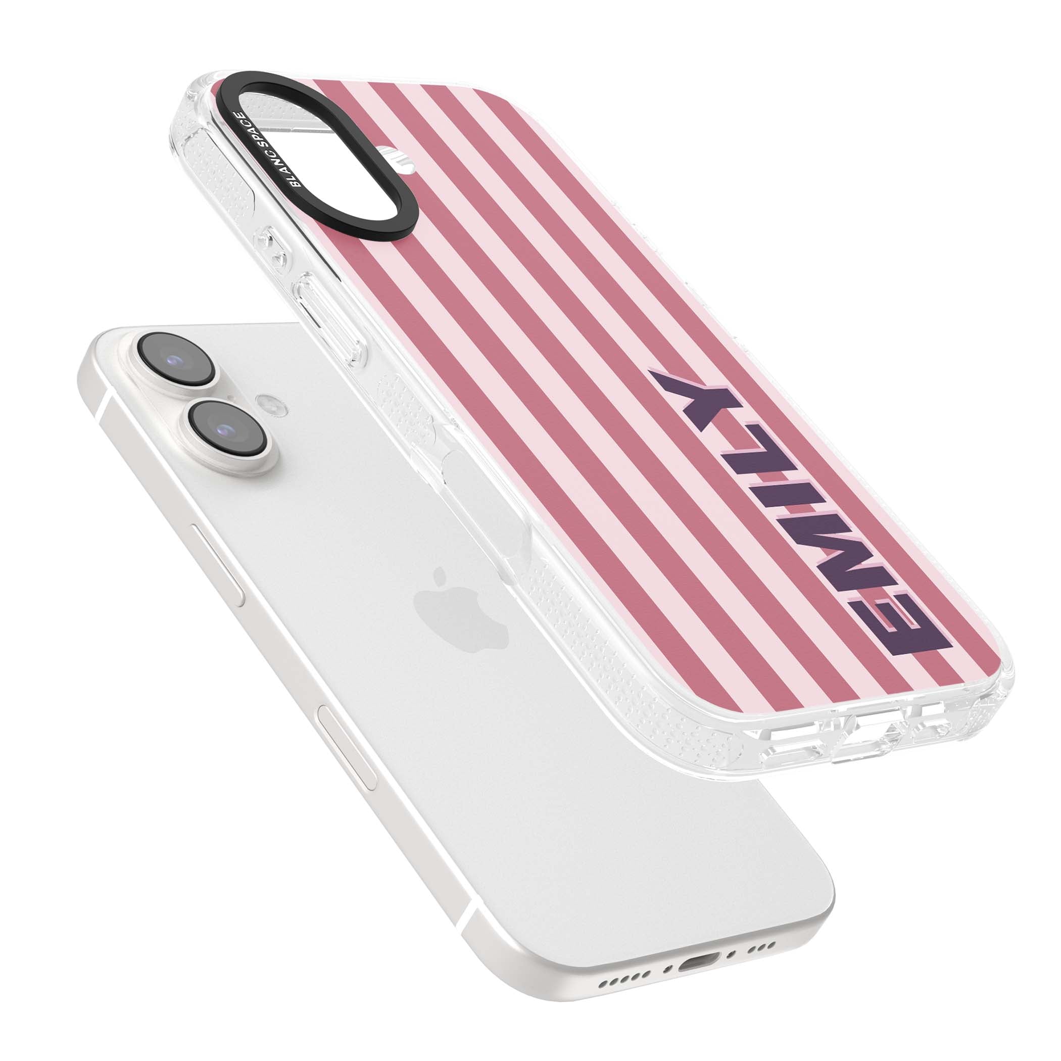 Victoria Stripe personalised iPhone case featuring pink vertical stripes and custom name in bold plum lettering | Clear Case Impact Air case for iPhone 16, iPhone 16 Plus