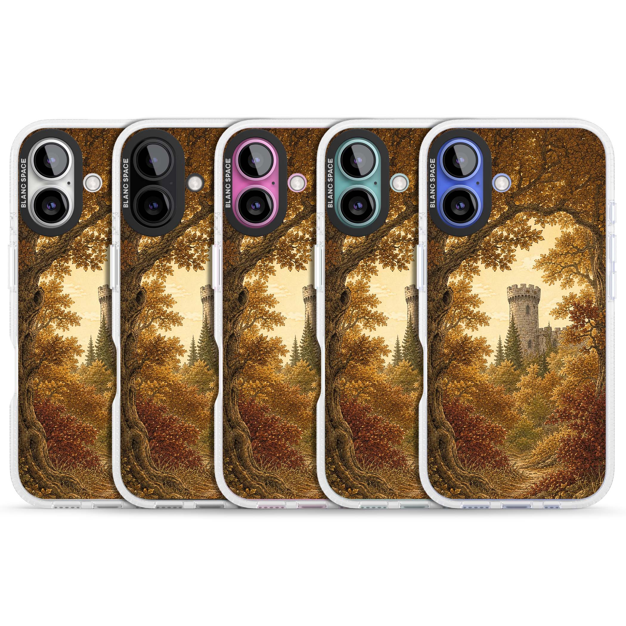 Autumn Keep cottagecore iPhone case featuring a medieval castle tower framed by golden autumn trees and woodland foliage | Clear Case Impact Air case for iPhone 16, iPhone 16 Plus