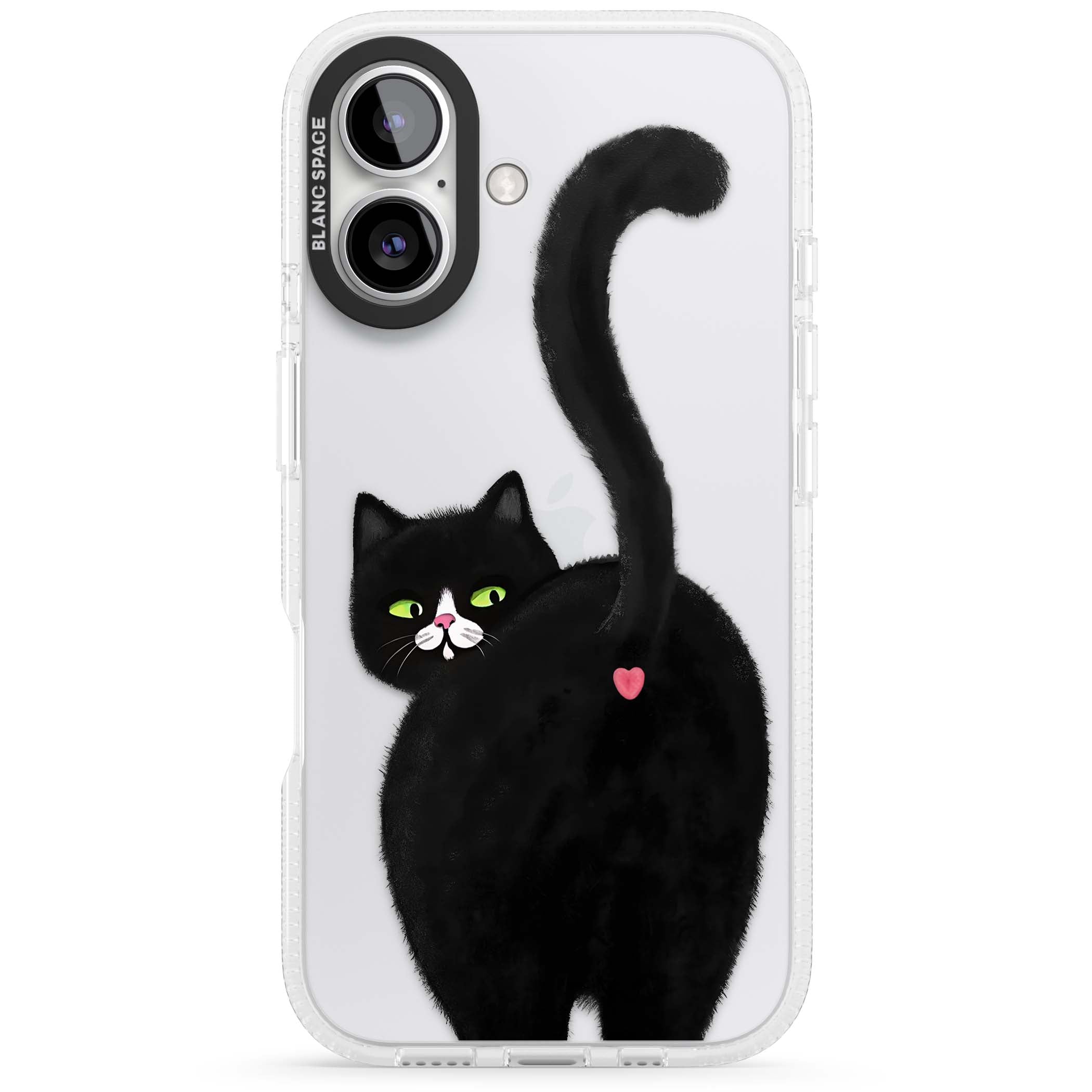 The Cat's Kiss cute cat iPhone case featuring a hand-painted tuxedo kitty with green eyes and a pink heart on a clear  | Clear Case Impact Air case for iPhone 16, iPhone 16 Plus