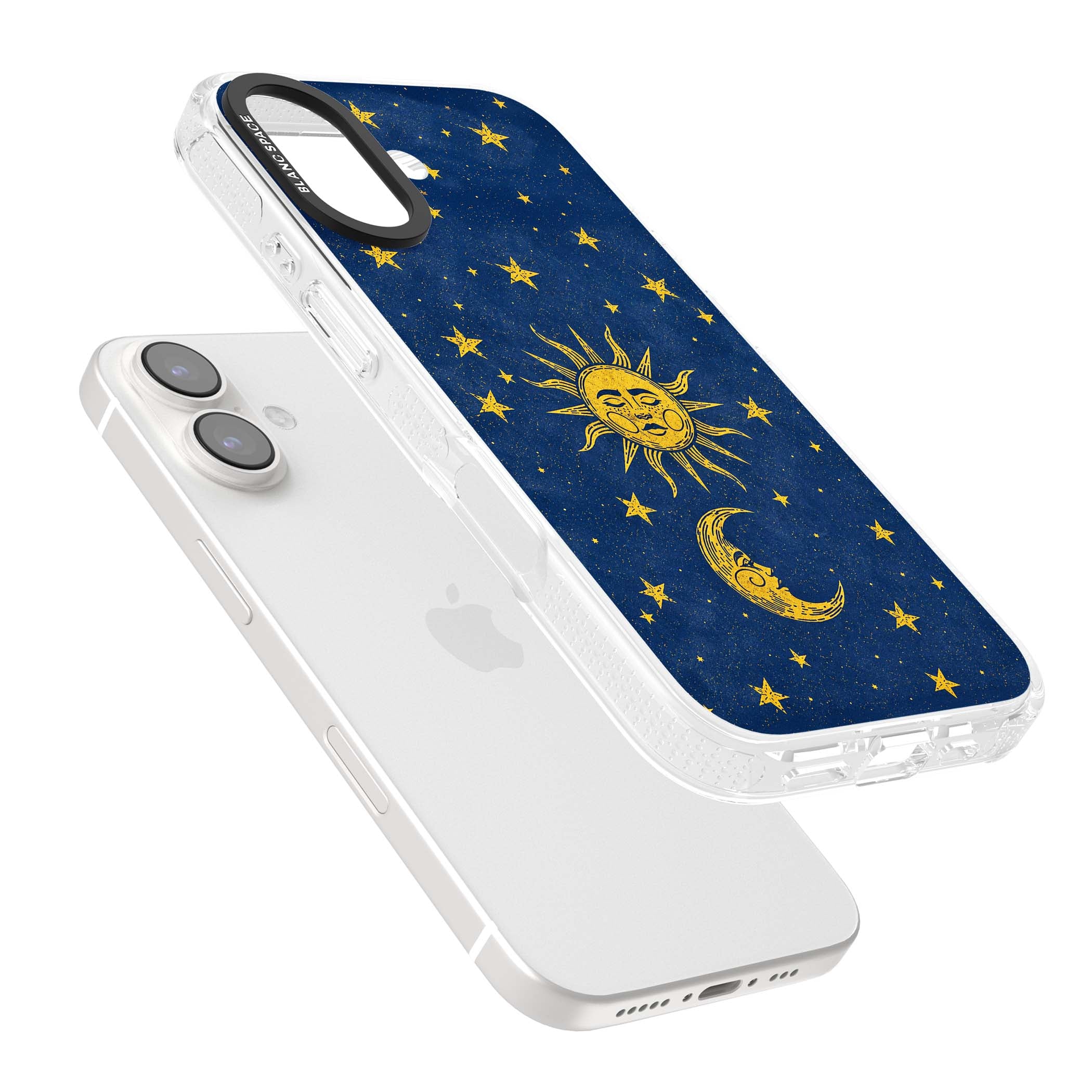Sun & Moon Reverie celestial iPhone case featuring a vintage golden sun, crescent moon and scattered stars on midnight blue | Clear Case Impact Air case for iPhone 16, iPhone 16 Plus