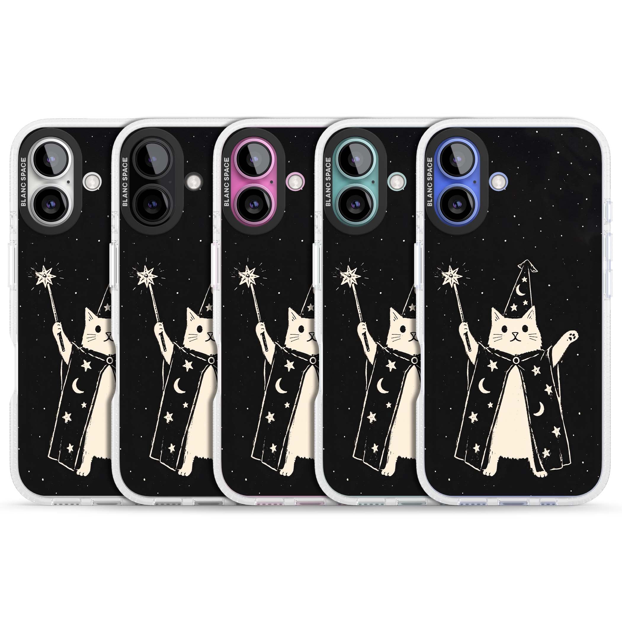 Whisker Wizard celestial cat iPhone case featuring a wizard cat with magic wand, starry night sky and crescent moons | Clear Case Impact Air case for iPhone 16, iPhone 16 Plus