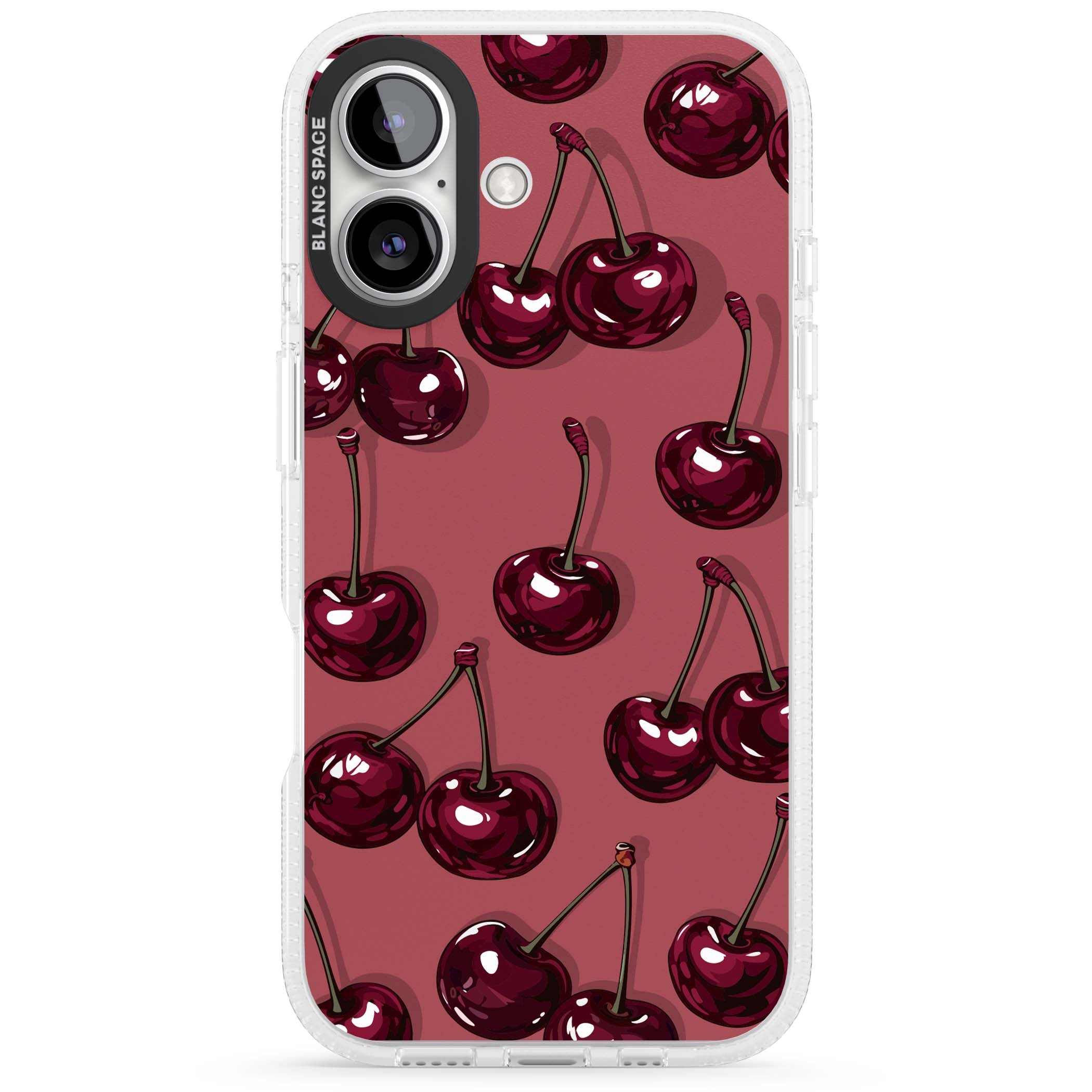 Cherry Rebel coquette iPhone case featuring glossy burgundy cherries on a dusty rose background | Clear Case Impact Air case for iPhone 16, iPhone 16 Plus