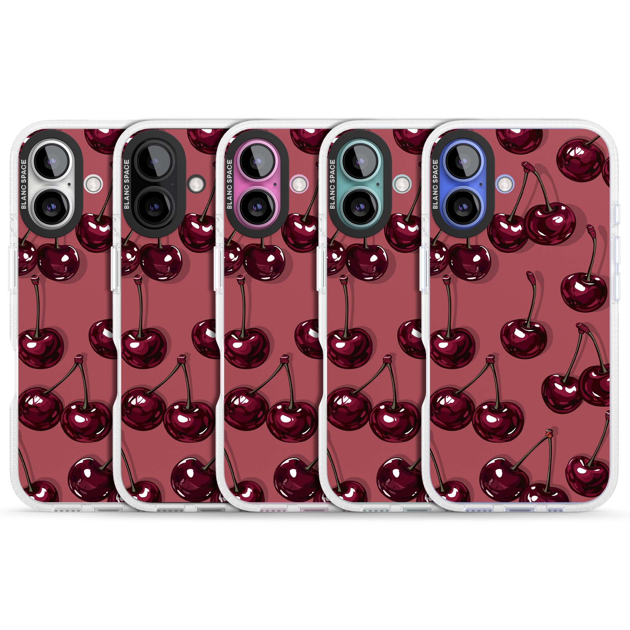 Cherry Rebel coquette iPhone case featuring glossy burgundy cherries on a dusty rose background | Clear Case Impact Air case for iPhone 16, iPhone 16 Plus