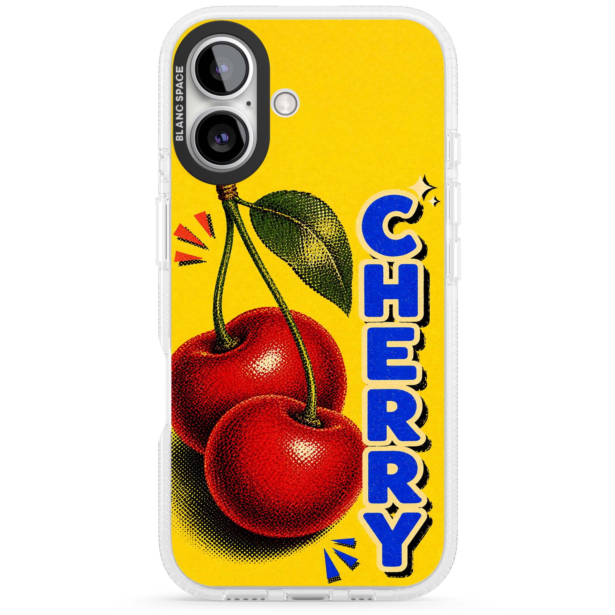Cherry Yellow y2k iPhone case featuring two red cherries, halftone shading and bold blue CHERRY lettering on yellow | Clear Case Impact Air case for iPhone 16, iPhone 16 Plus