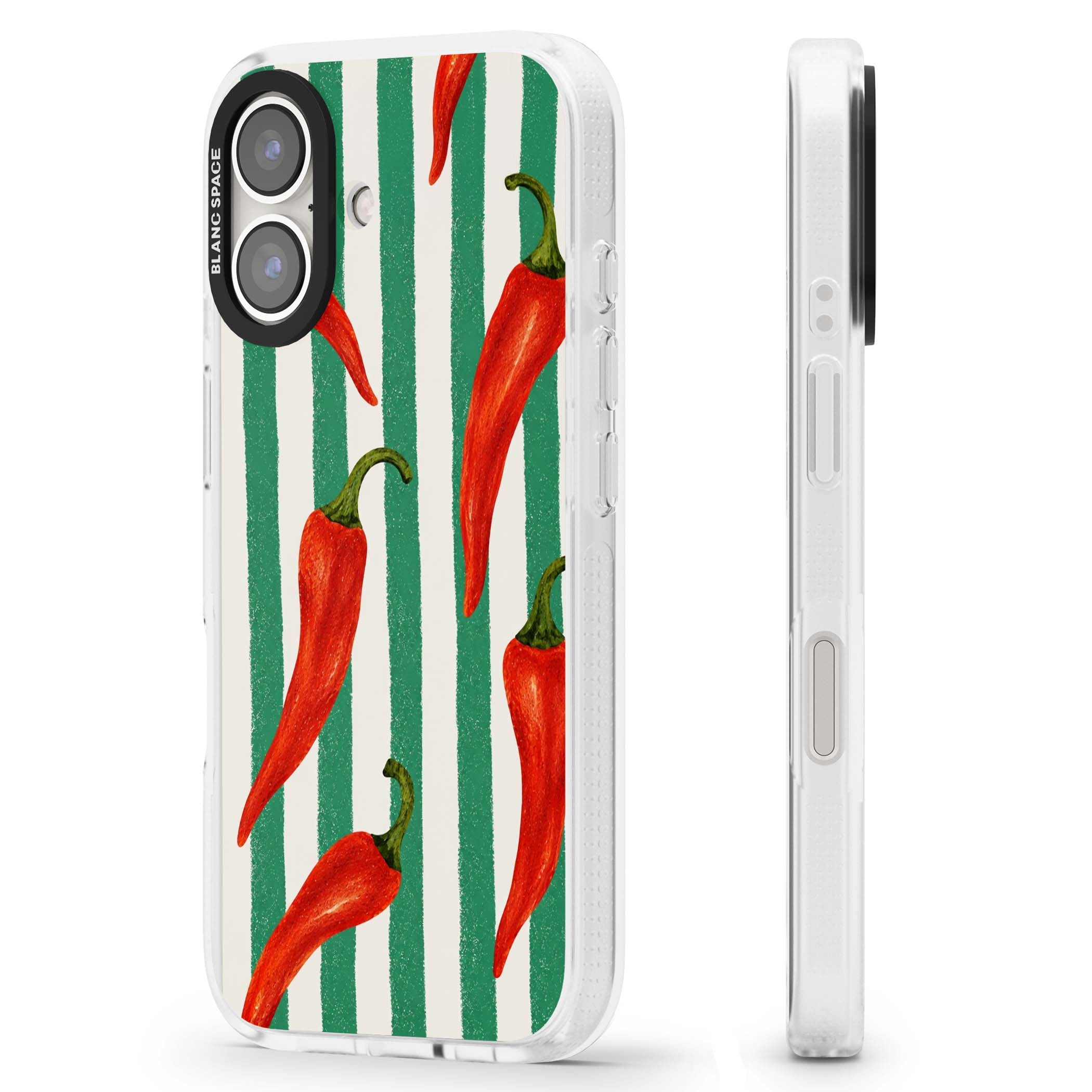 Striped Chillis coastal iPhone case featuring hand-painted red chili peppers on green and cream stripes | Clear Case Impact Air case for iPhone 16, iPhone 16 Plus