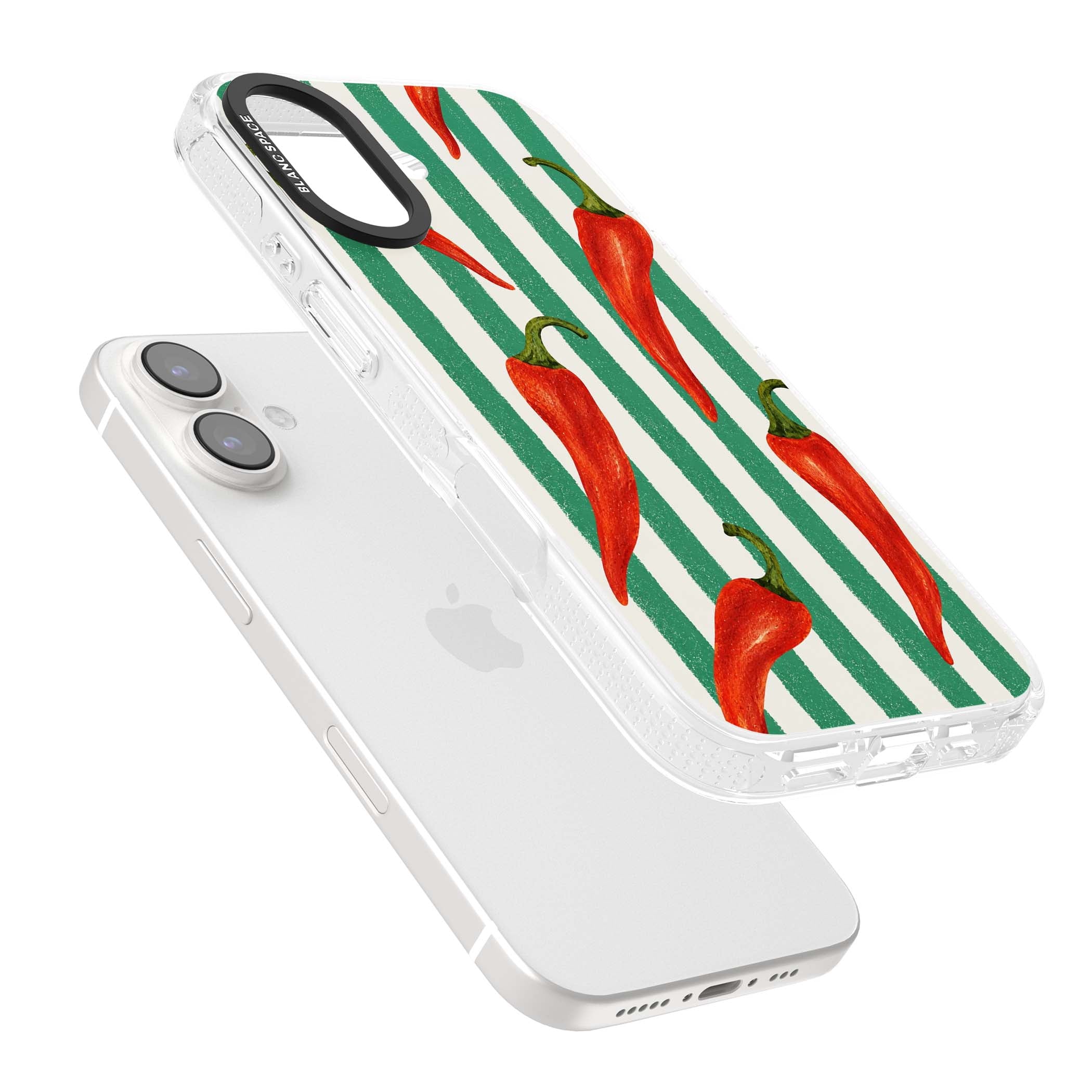 Striped Chillis coastal iPhone case featuring hand-painted red chili peppers on green and cream stripes | Clear Case Impact Air case for iPhone 16, iPhone 16 Plus